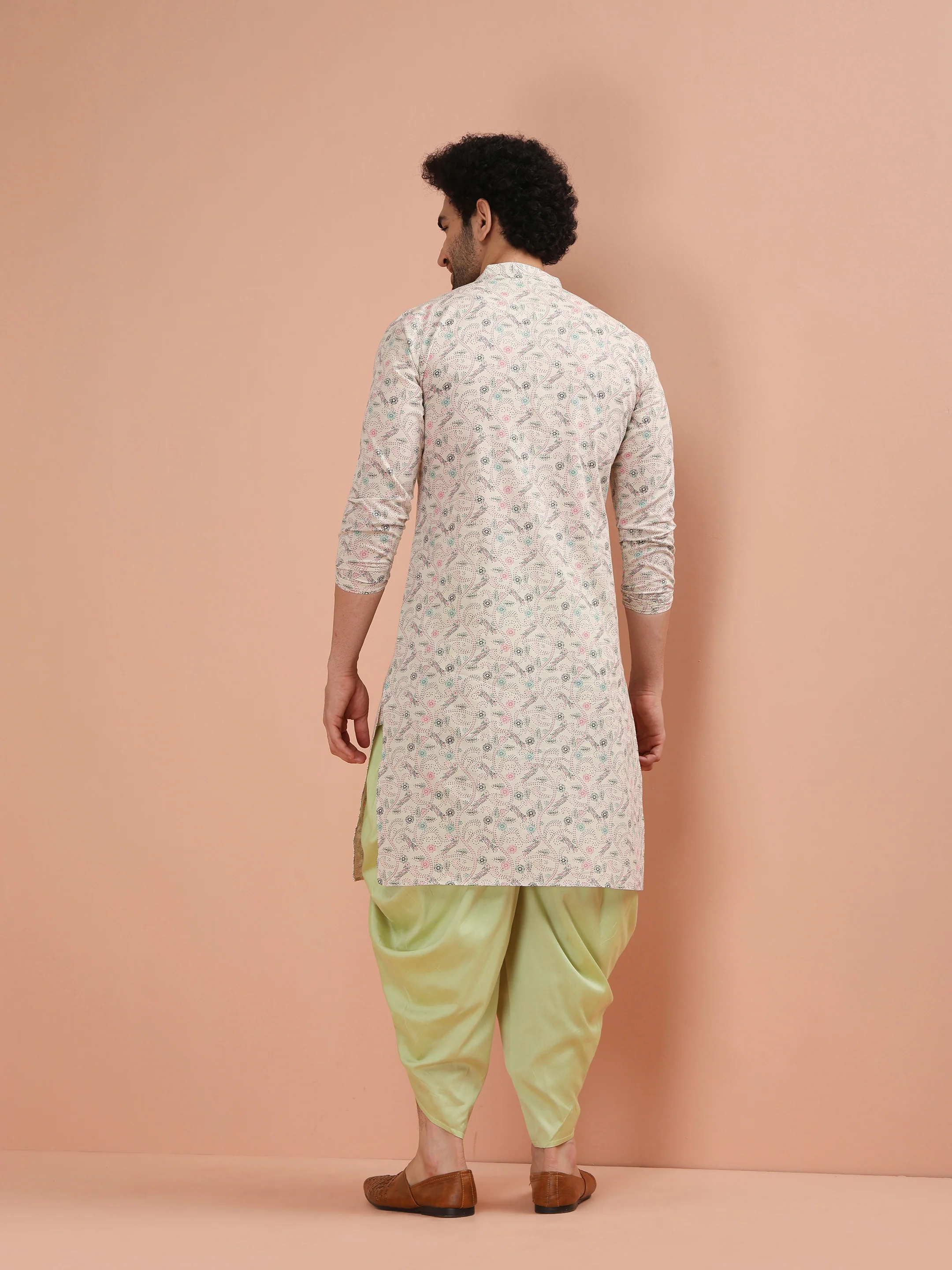 Beige Cotton Kurta Set with Multicolor Kantha-Inspired Prints and Green Dhoti Pants - Image 5
