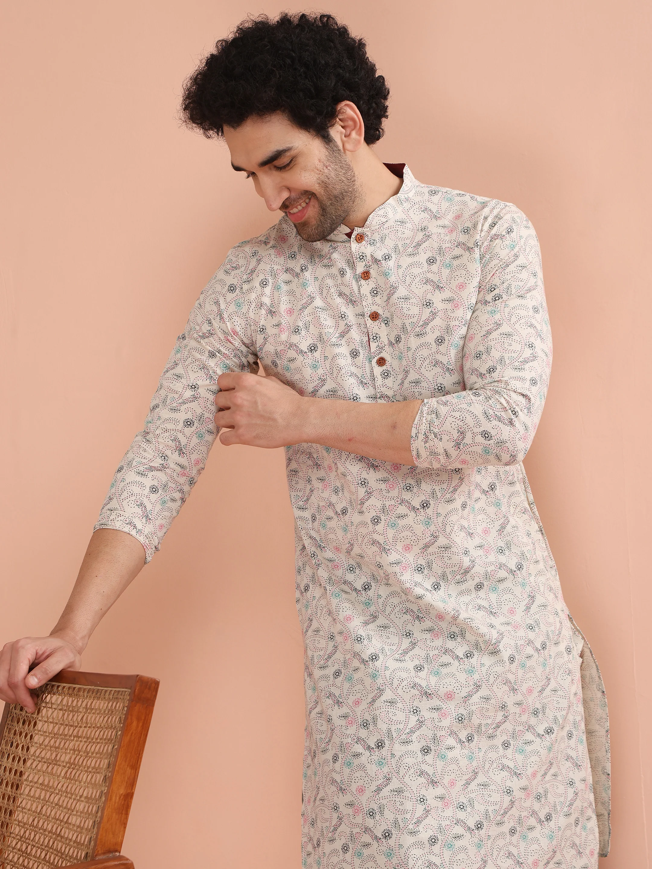 Cream Cotton Printed Kurta Dhoti Set - Image 7