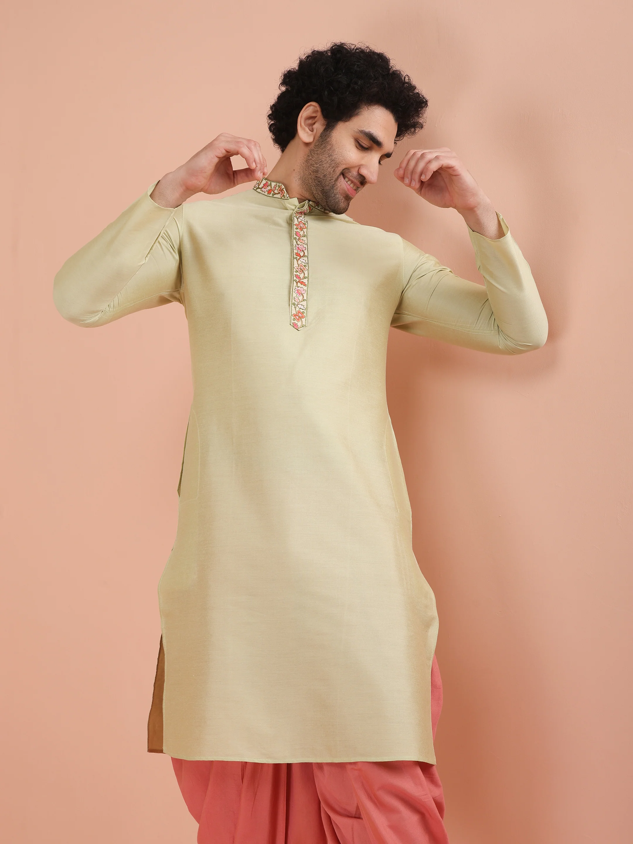Beige Silk Blend Embroidered Long Kurta