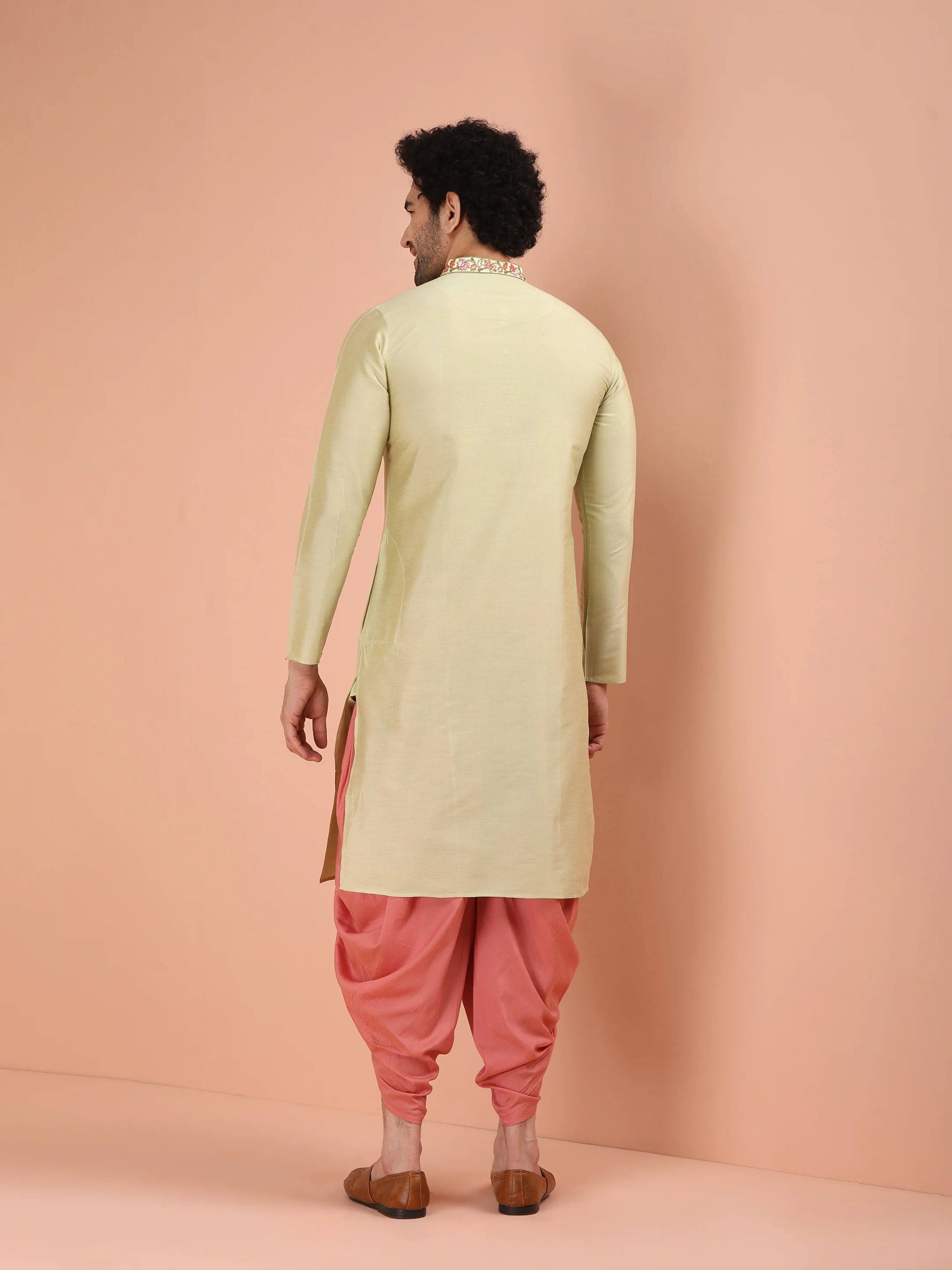 Beige Silk Blend Embroidered Long Kurta - Image 4