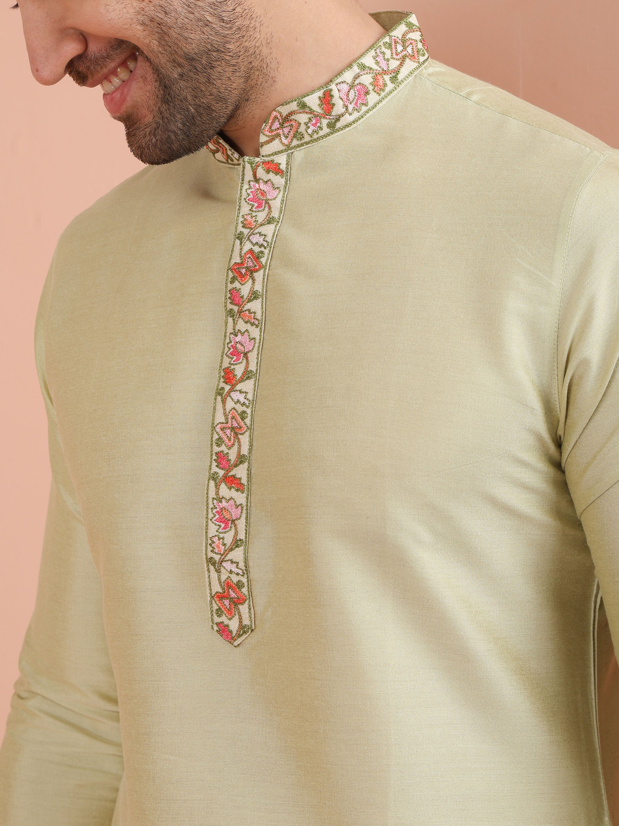 Beige Silk Blend Embroidered Long Kurta - Image 5