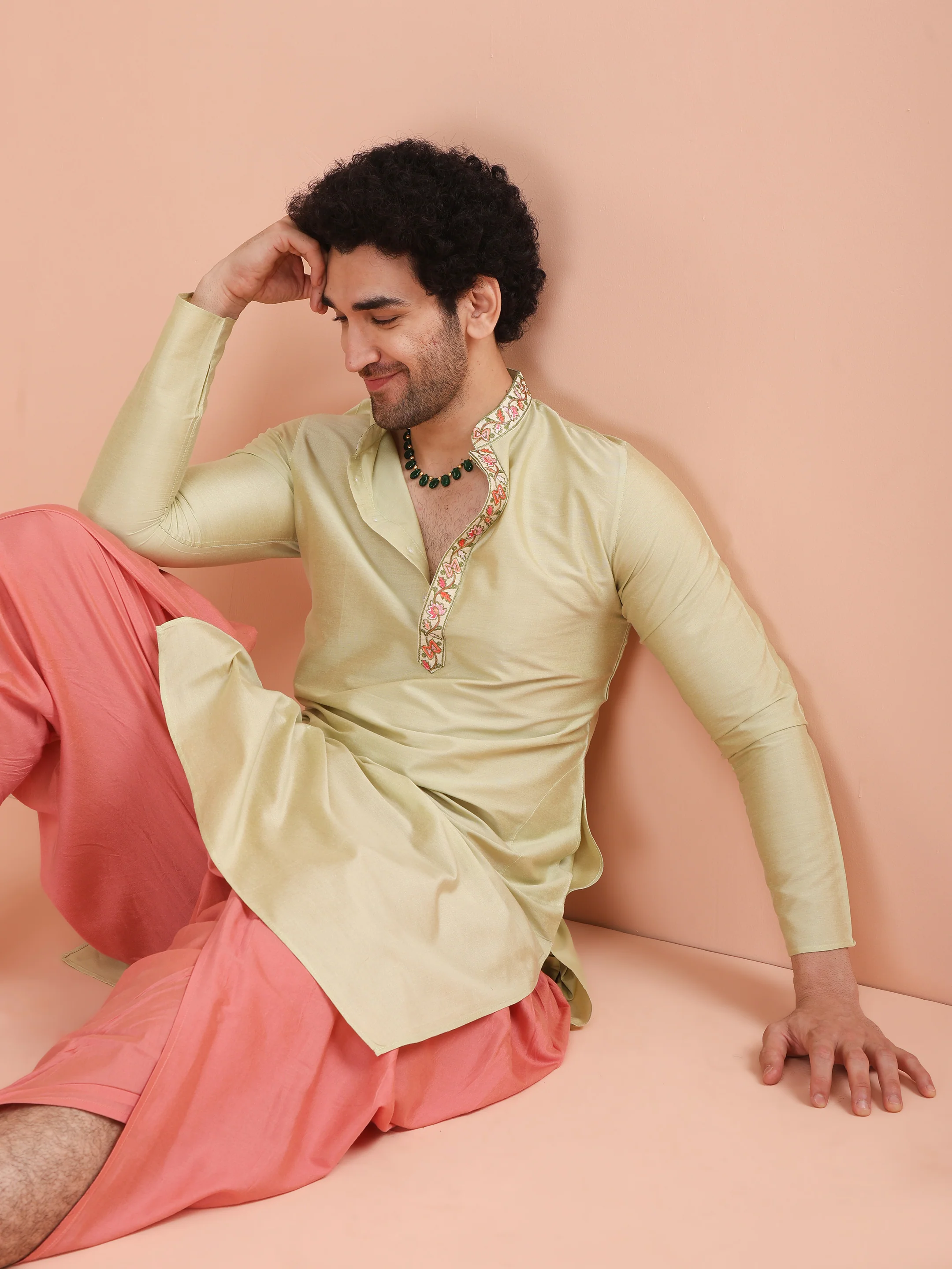 Beige Silk Blend Embroidered Long Kurta - Image 6