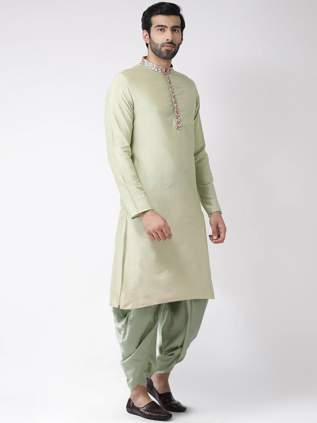 Light Green Embroidered Collar Kurta with Dhoti - Image 2