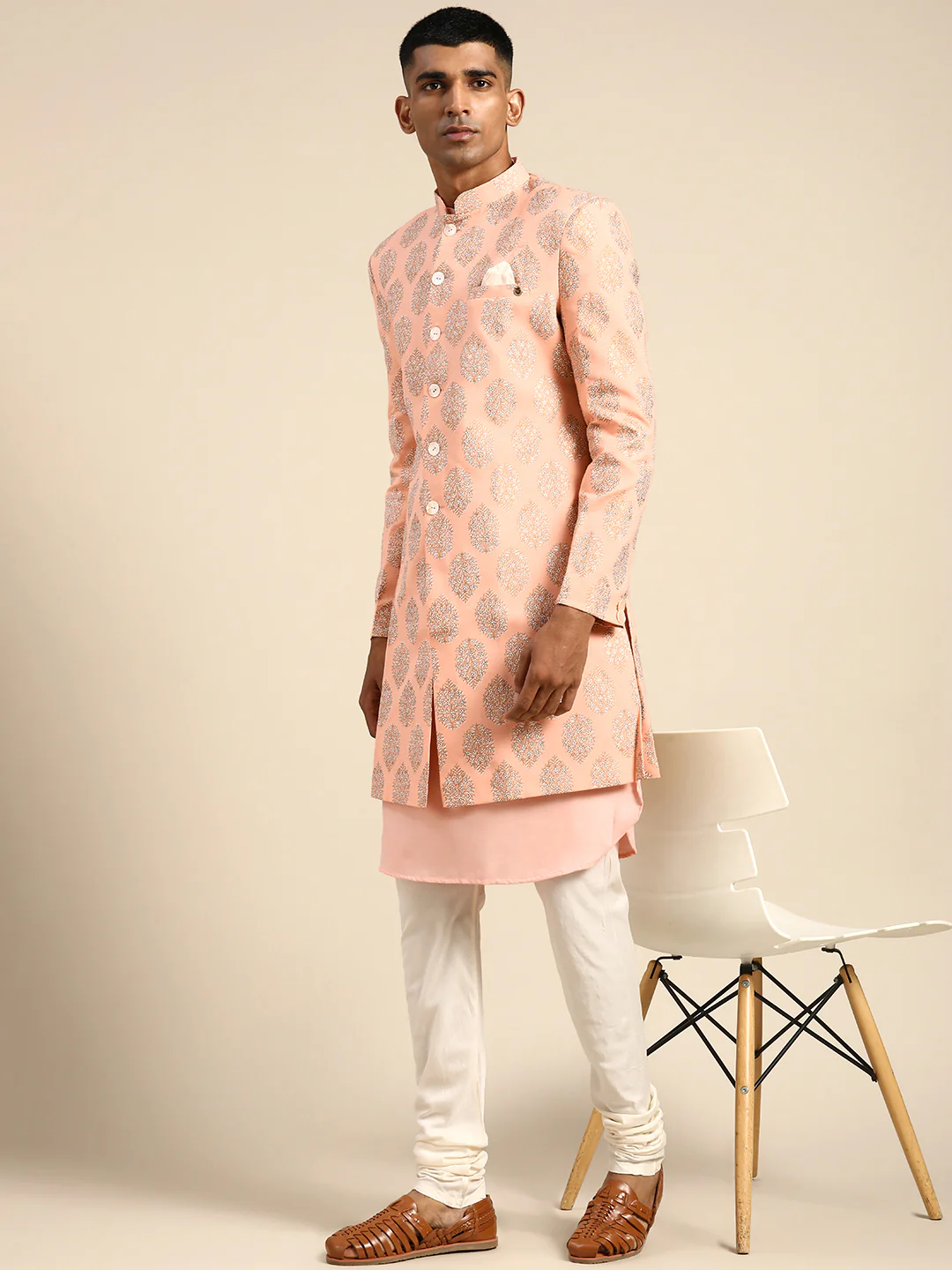 Men's Pink Indowestern Set With Kurta and Churidar - Image 3
