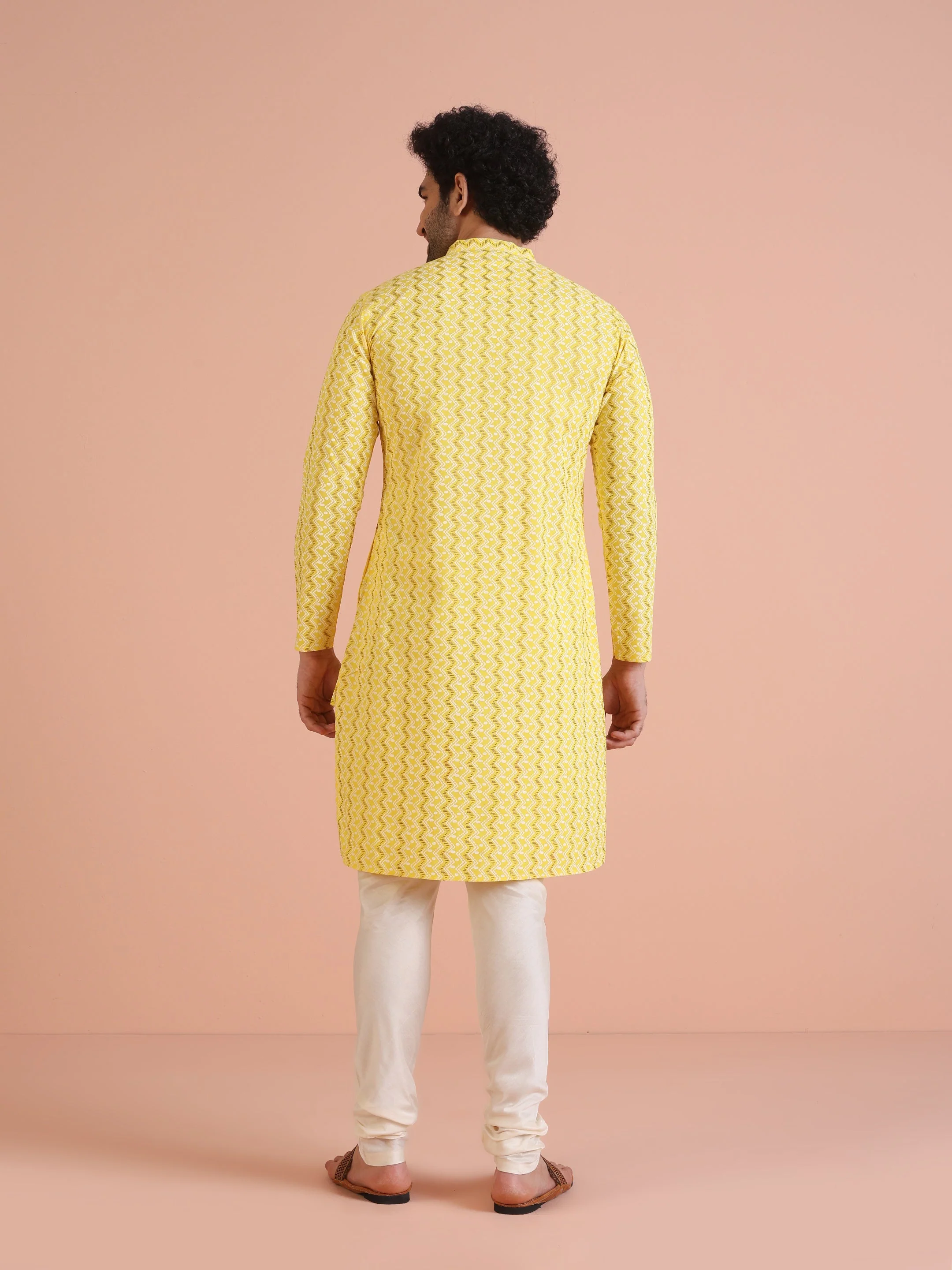 Yellow Cotton Blend Kurta Set with Geometric Woven Pattern and Cream Churidar for Festive & Wedding Ensemble - Image 11
