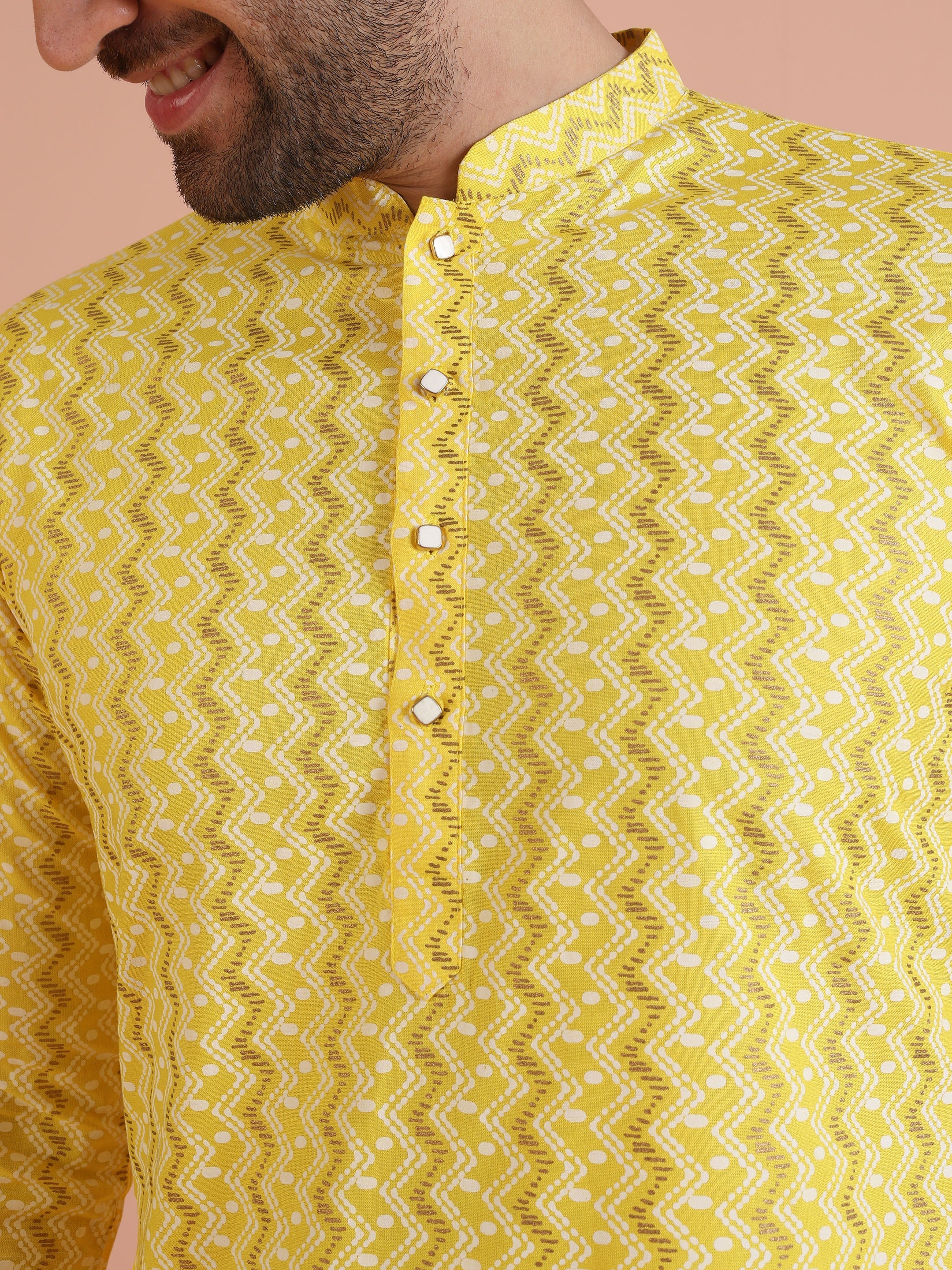 Yellow Cotton Blend Kurta Set with Geometric Woven Pattern and Cream Churidar for Festive & Wedding Ensemble - Image 12
