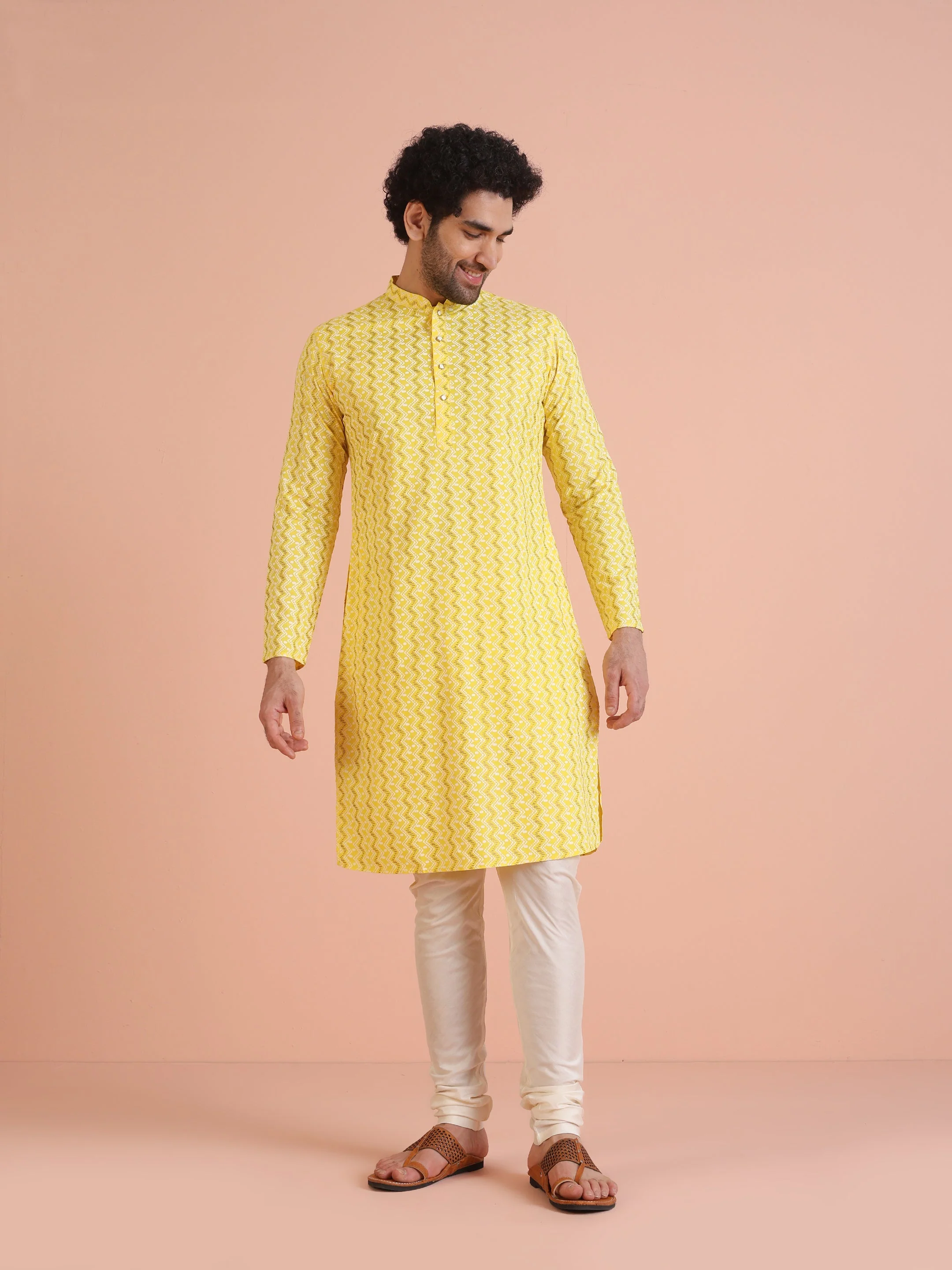 Yellow Cotton Blend Kurta Set with Geometric Woven Pattern and Cream Churidar for Festive & Wedding Ensemble - Image 14
