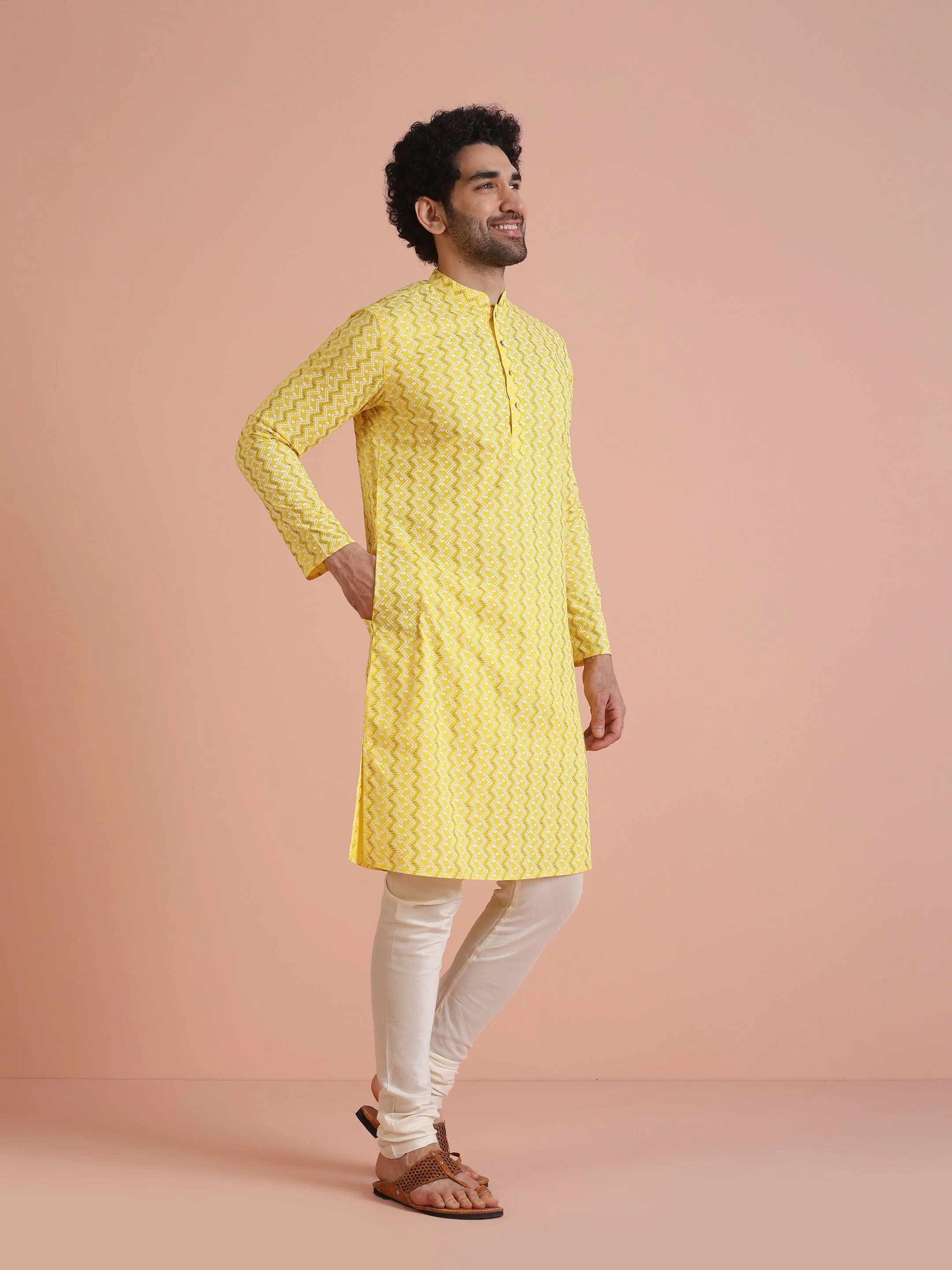 Yellow Cotton Blend Kurta Set with Geometric Woven Pattern and Cream Churidar for Festive & Wedding Ensemble - Image 16