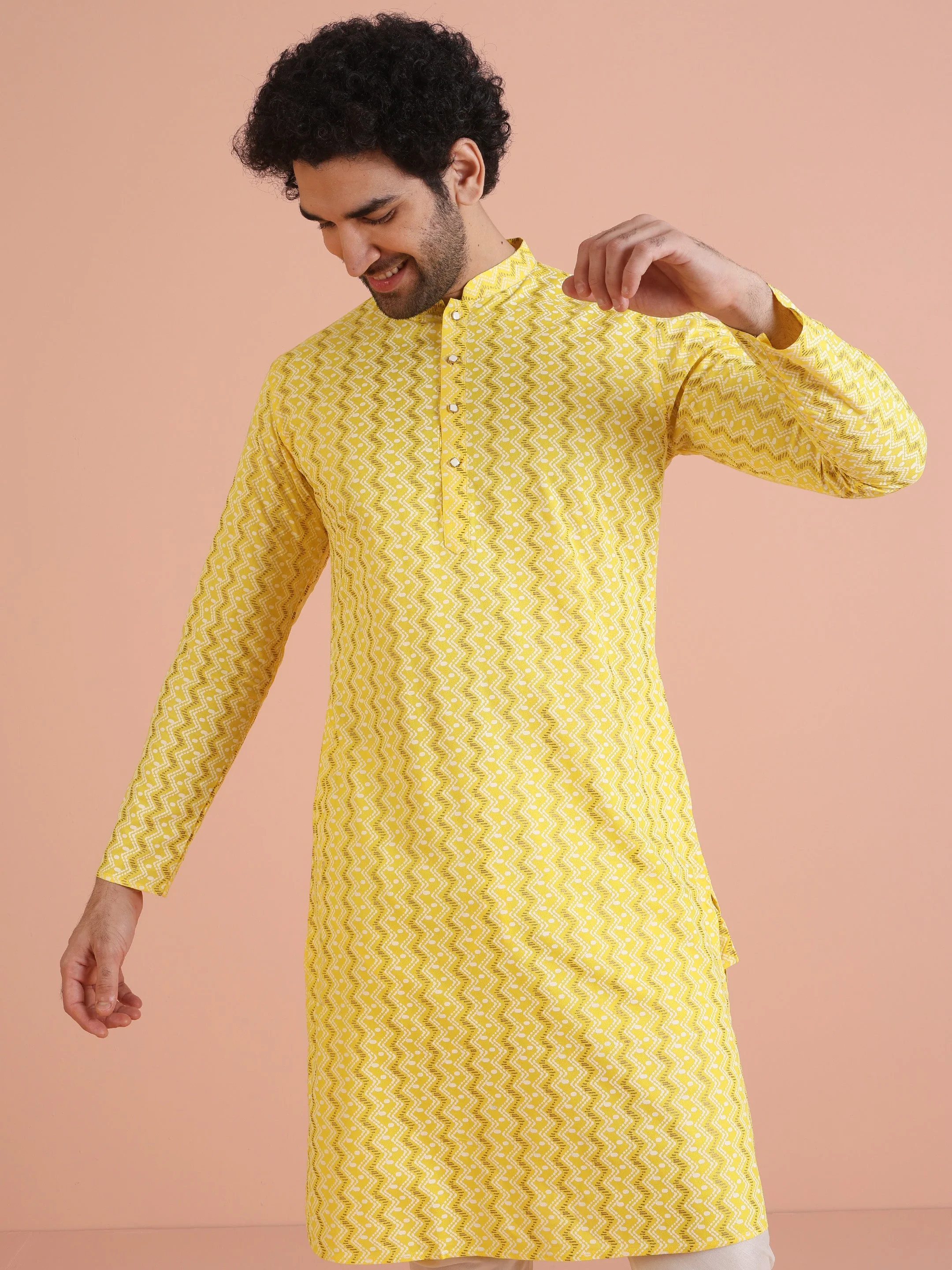 Yellow Cotton Blend Kurta Set with Geometric Woven Pattern and Cream Churidar for Festive & Wedding Ensemble - Image 20
