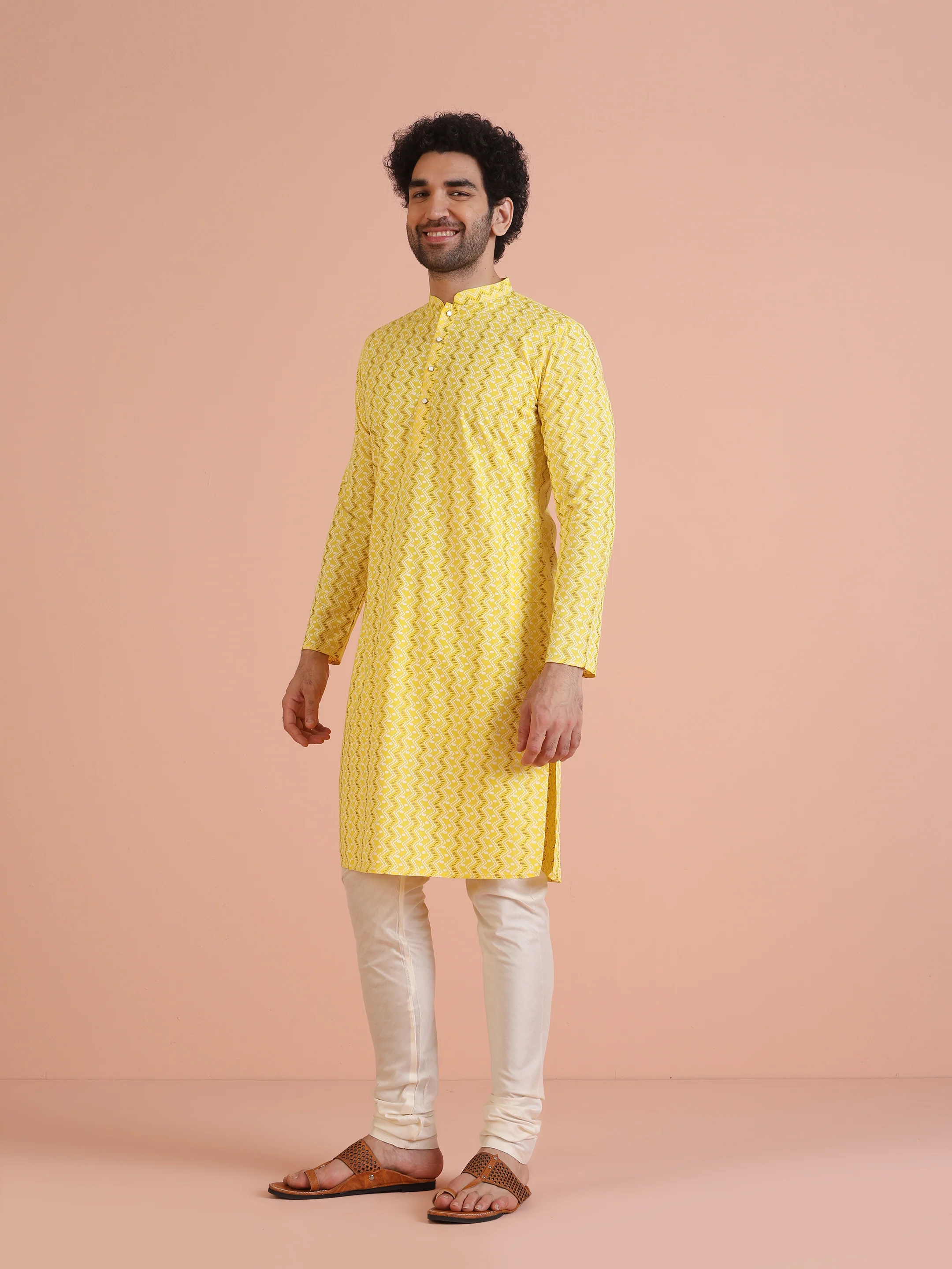 Yellow Cotton Blend Kurta Set with Geometric Woven Pattern and Cream Churidar for Festive & Wedding Ensemble - Image 3