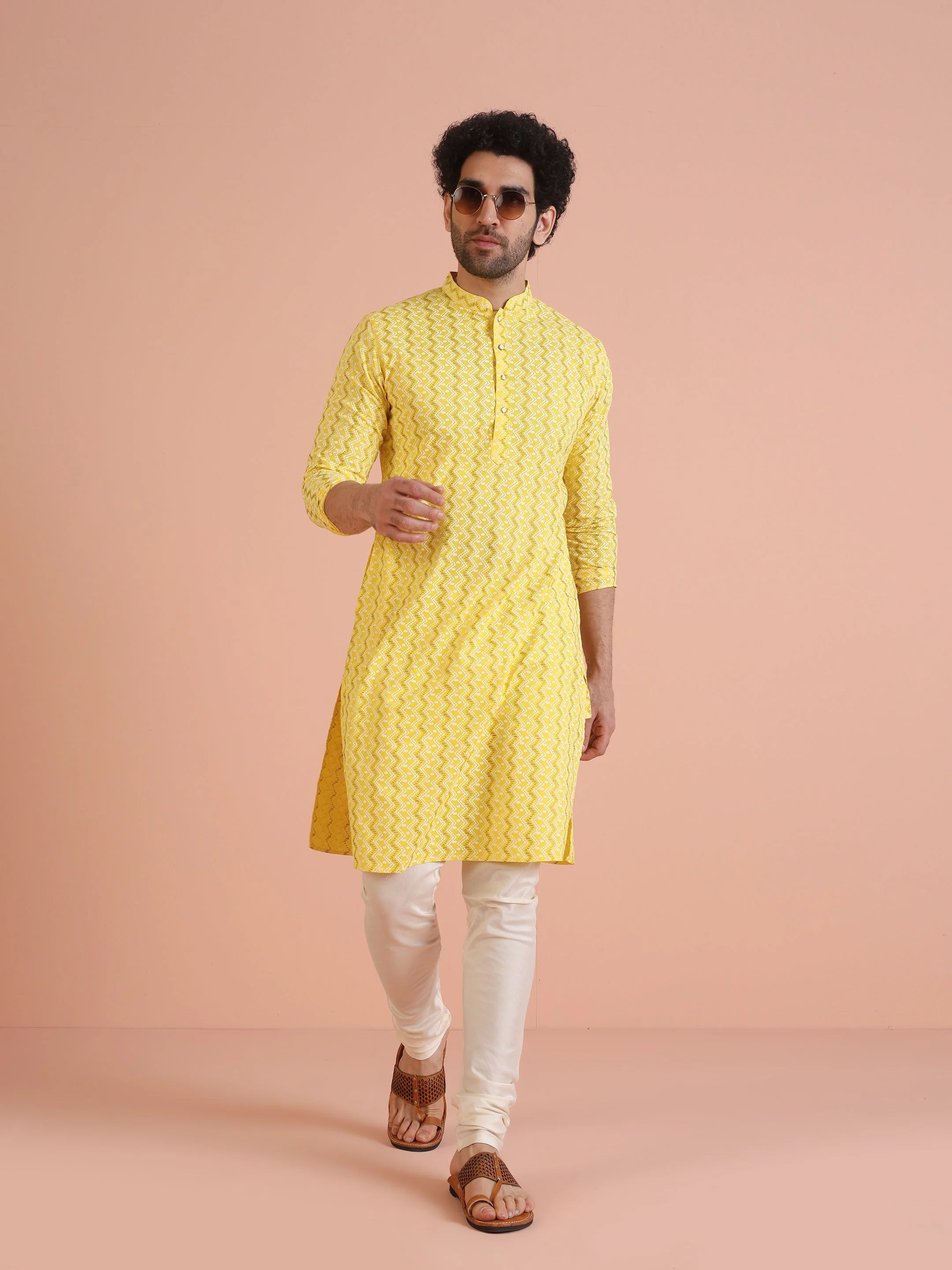 Yellow Cotton Blend Kurta Set with Geometric Woven Pattern and Cream Churidar for Festive & Wedding Ensemble - Image 8