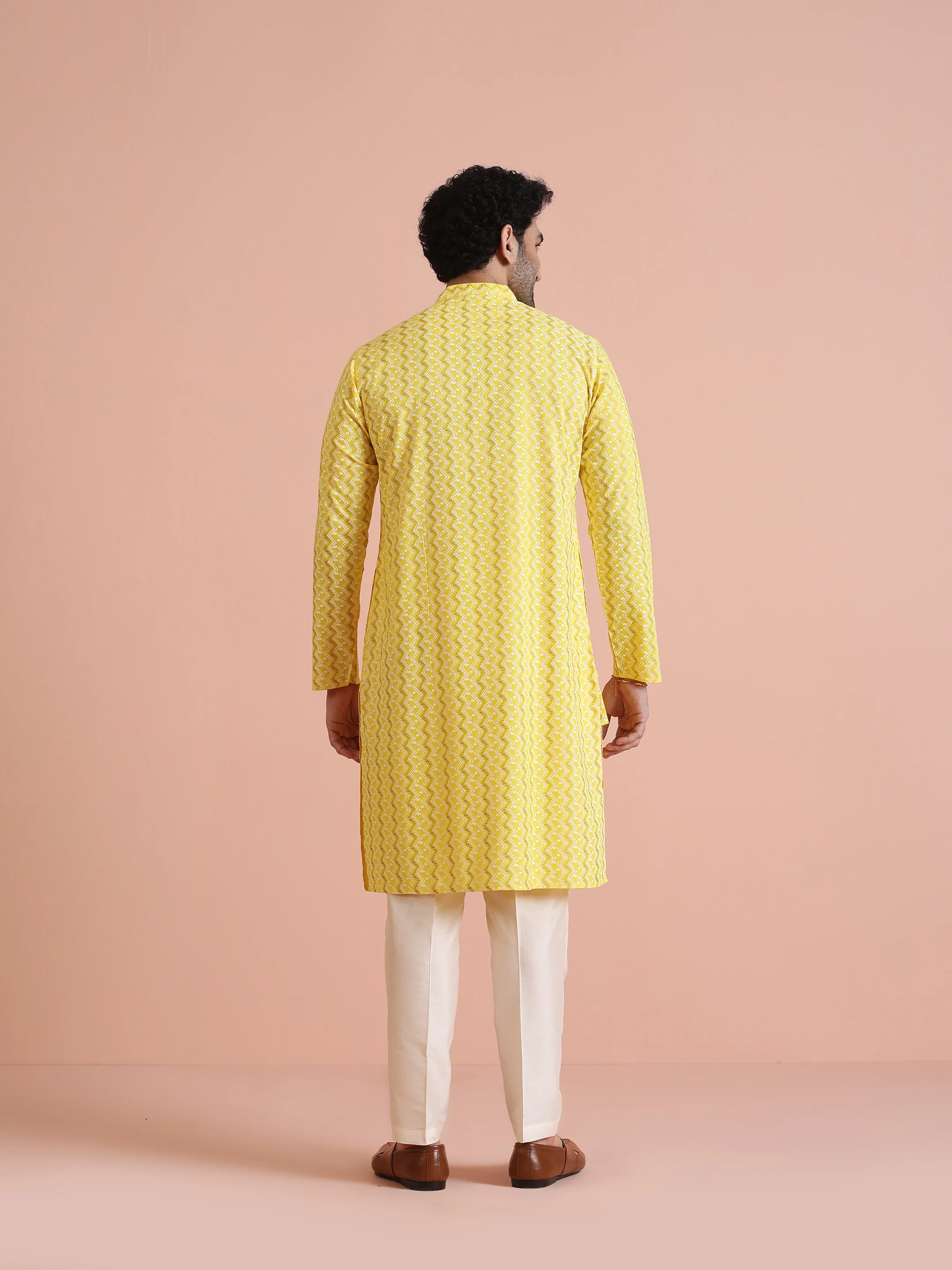 Yellow Silk Blend Kurta Set with Geometric Woven Pattern and Cream Trousers â€“ Festive & Wedding Ensemble - Image 4