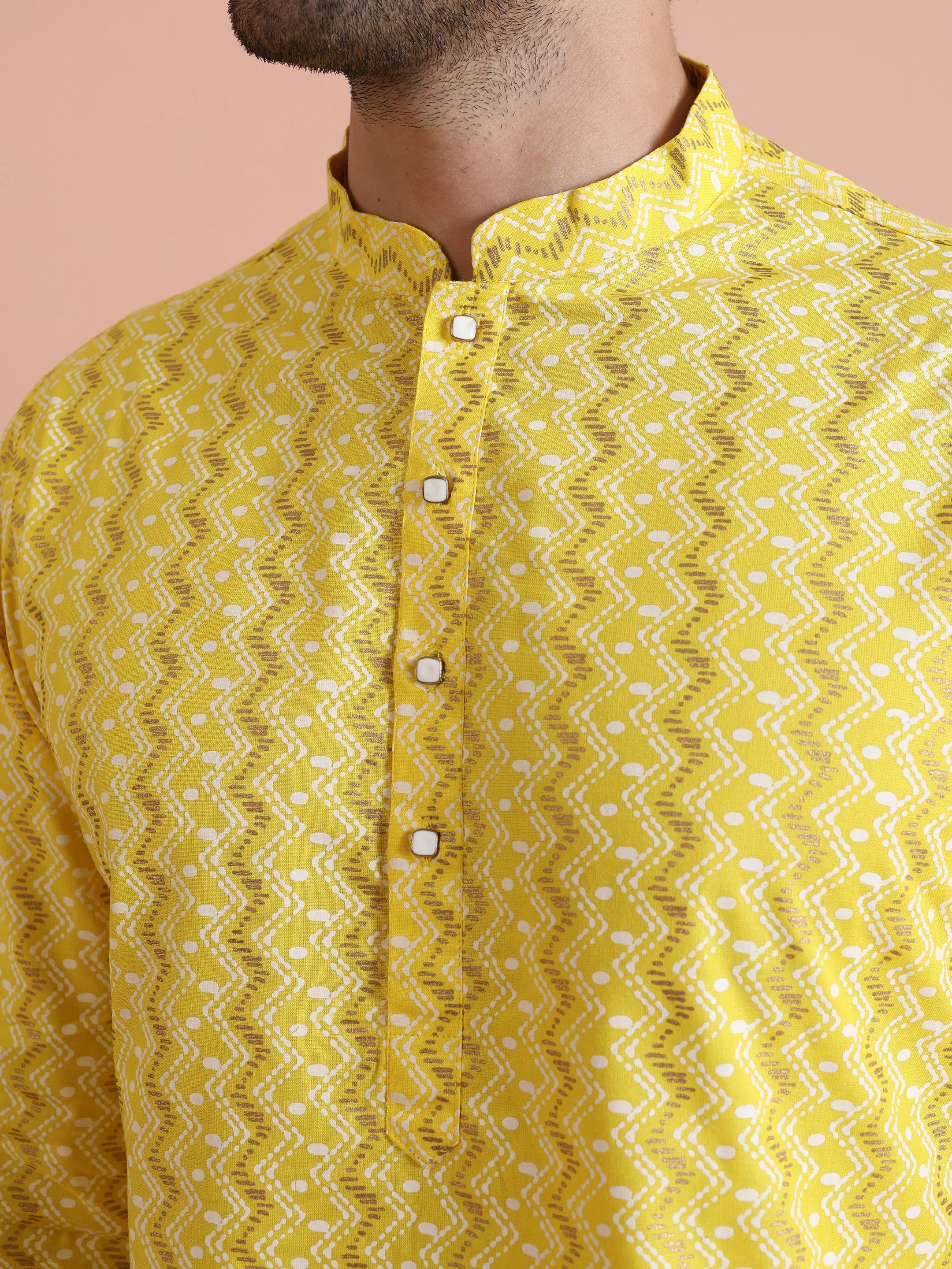 Yellow Silk Blend Kurta Set with Geometric Woven Pattern and Cream Trousers â€“ Festive & Wedding Ensemble - Image 5