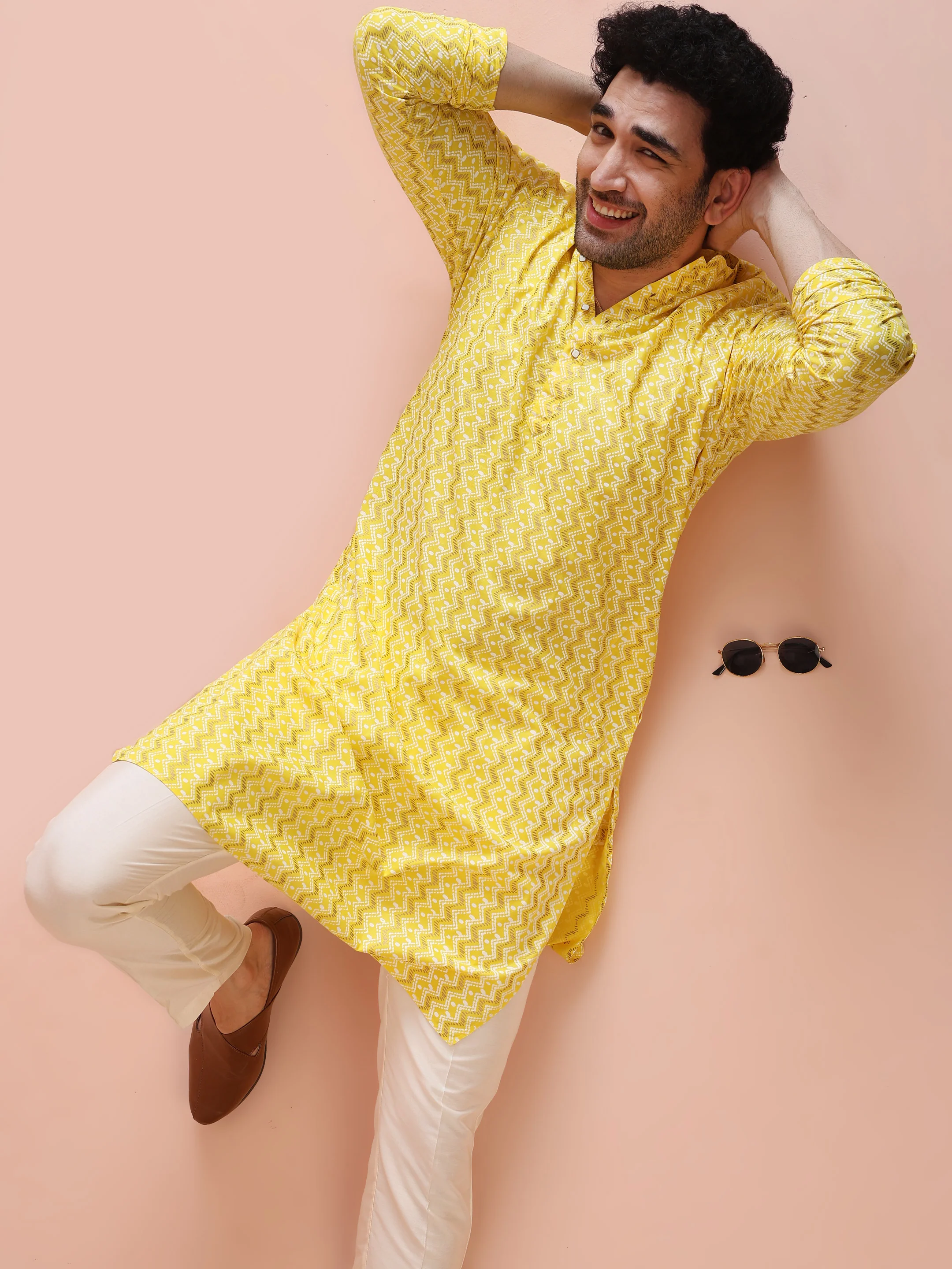 Yellow Silk Blend Kurta Set with Geometric Woven Pattern and Cream Trousers â€“ Festive & Wedding Ensemble - Image 7