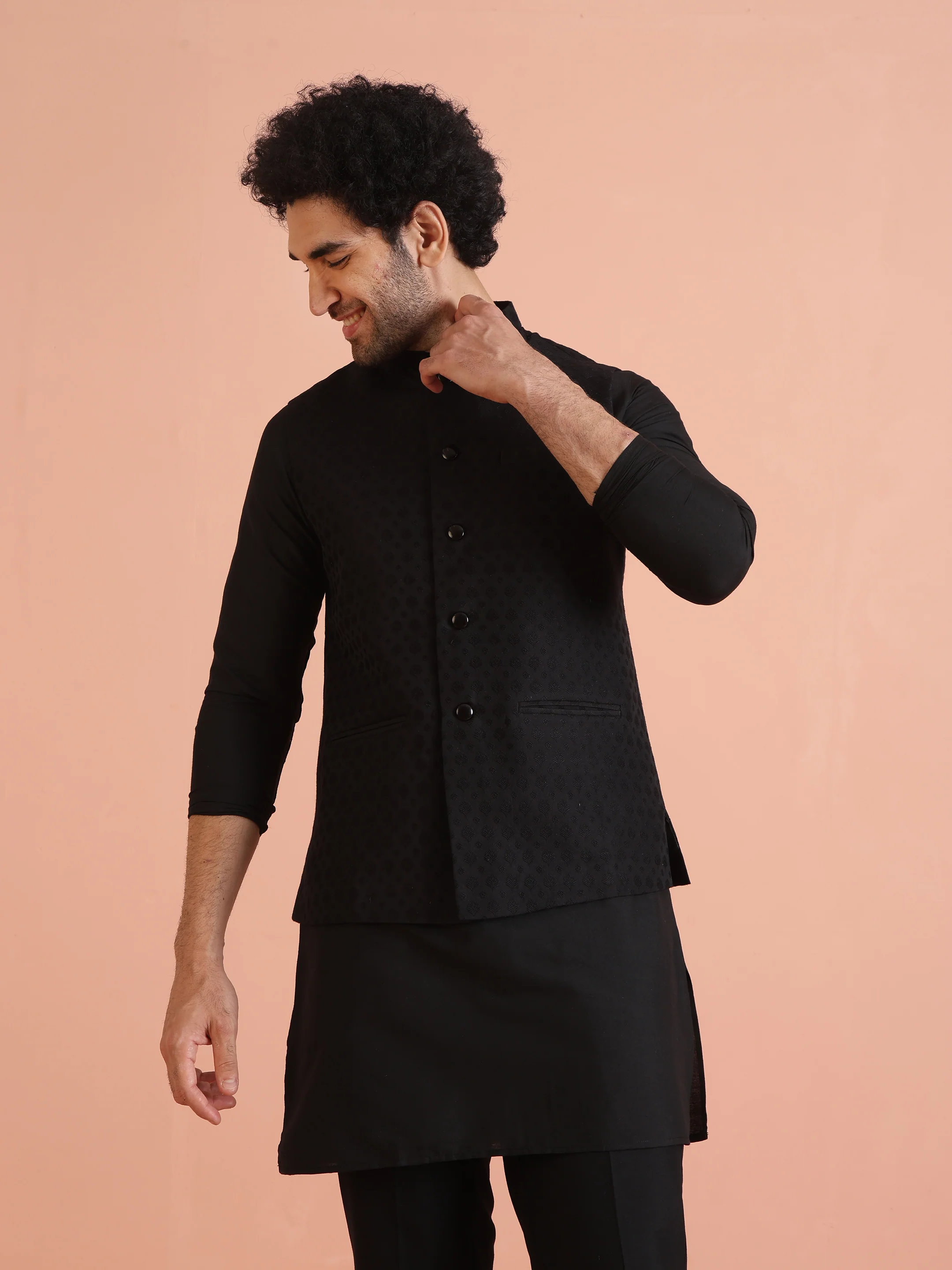 Black Silk Blend Textured Nehru Jacket - Image 2