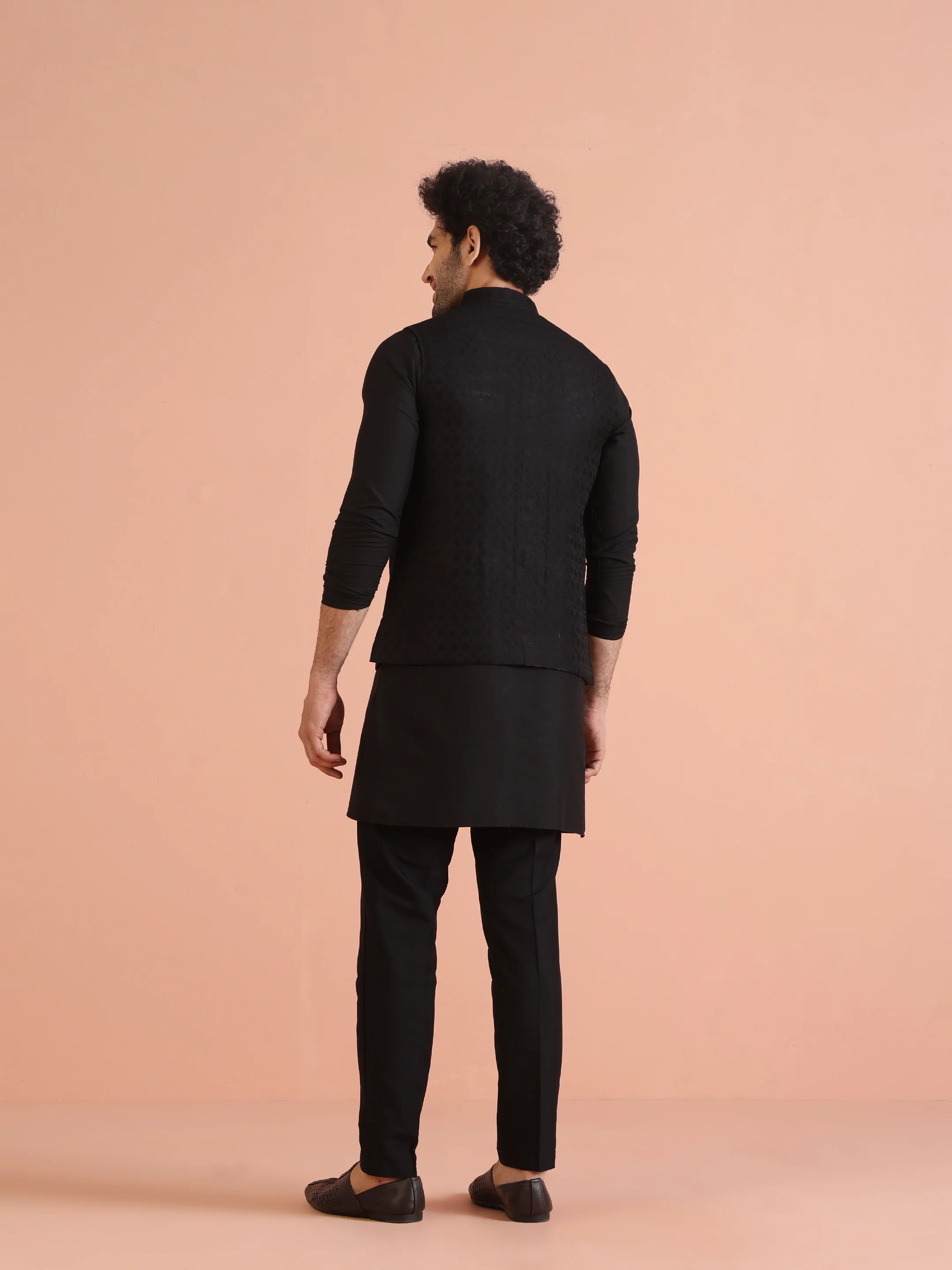 Black Silk Blend Textured Nehru Jacket - Image 6