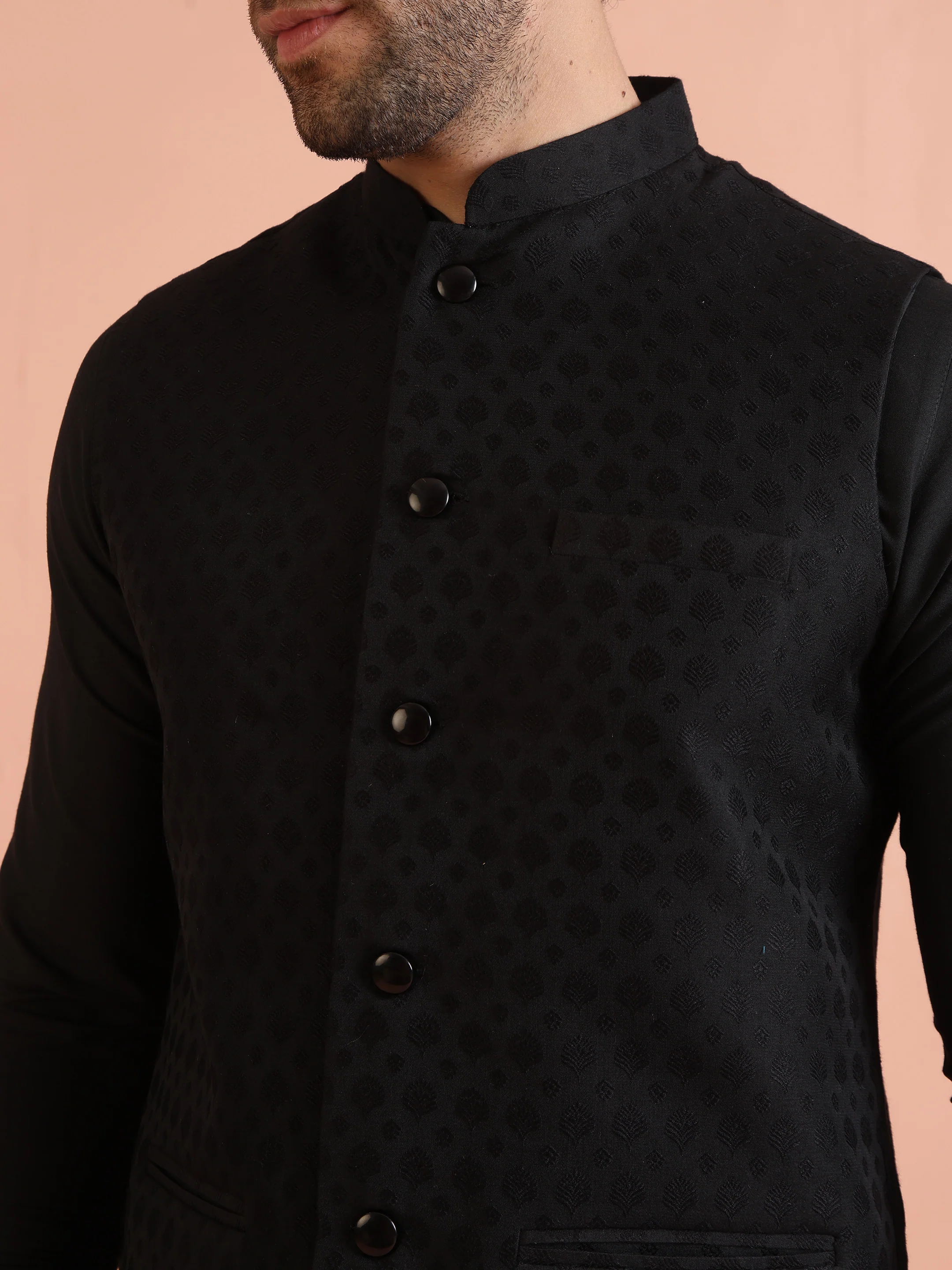 Black Silk Blend Textured Nehru Jacket - Image 7