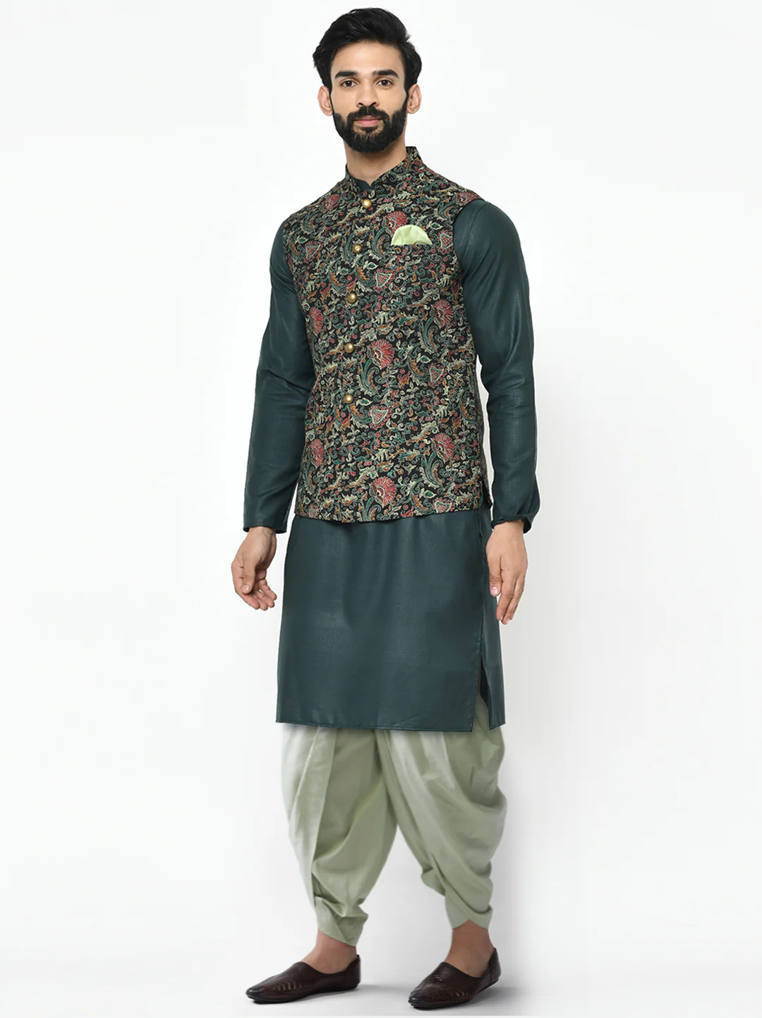 Multi-Coloured Cotton Silk Printed Nehru Jacket Kurta Dhoti - Image 3