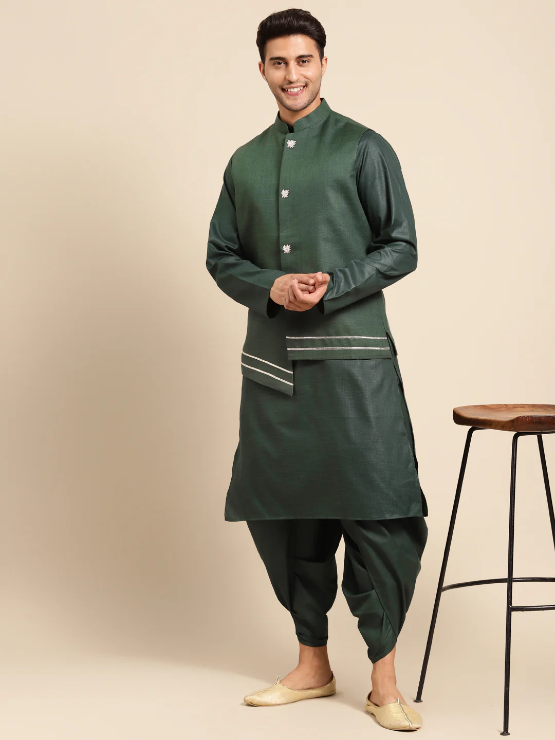 Kisah men Bottle green kurta jacket set - Image 7