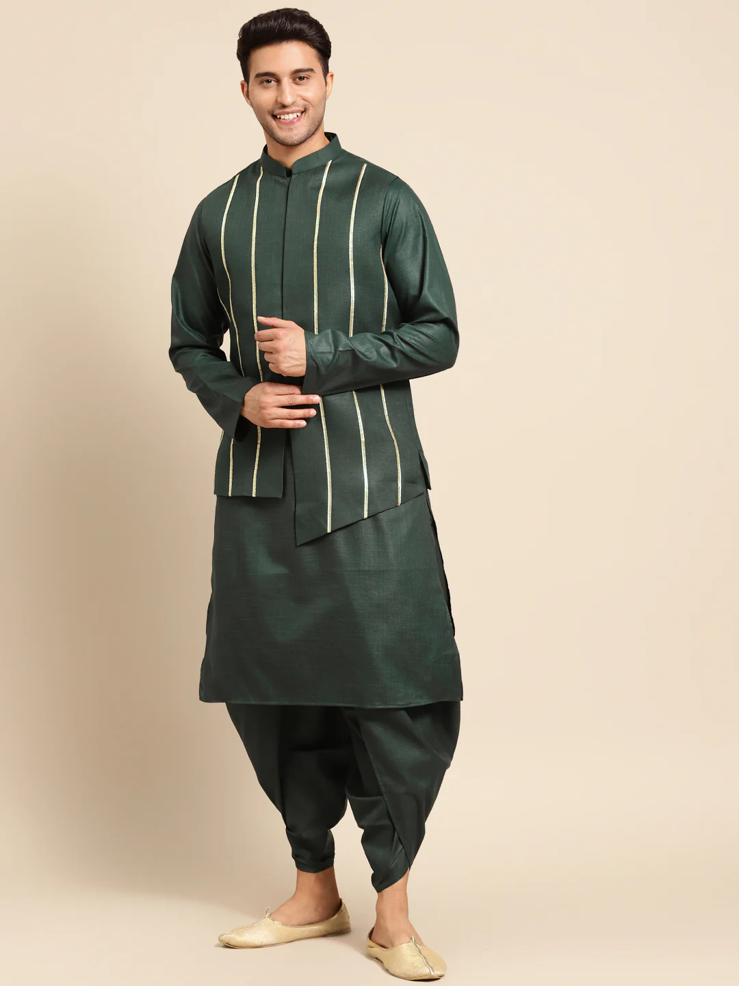Kisah men Bottle green kurta jacket set - Image 7