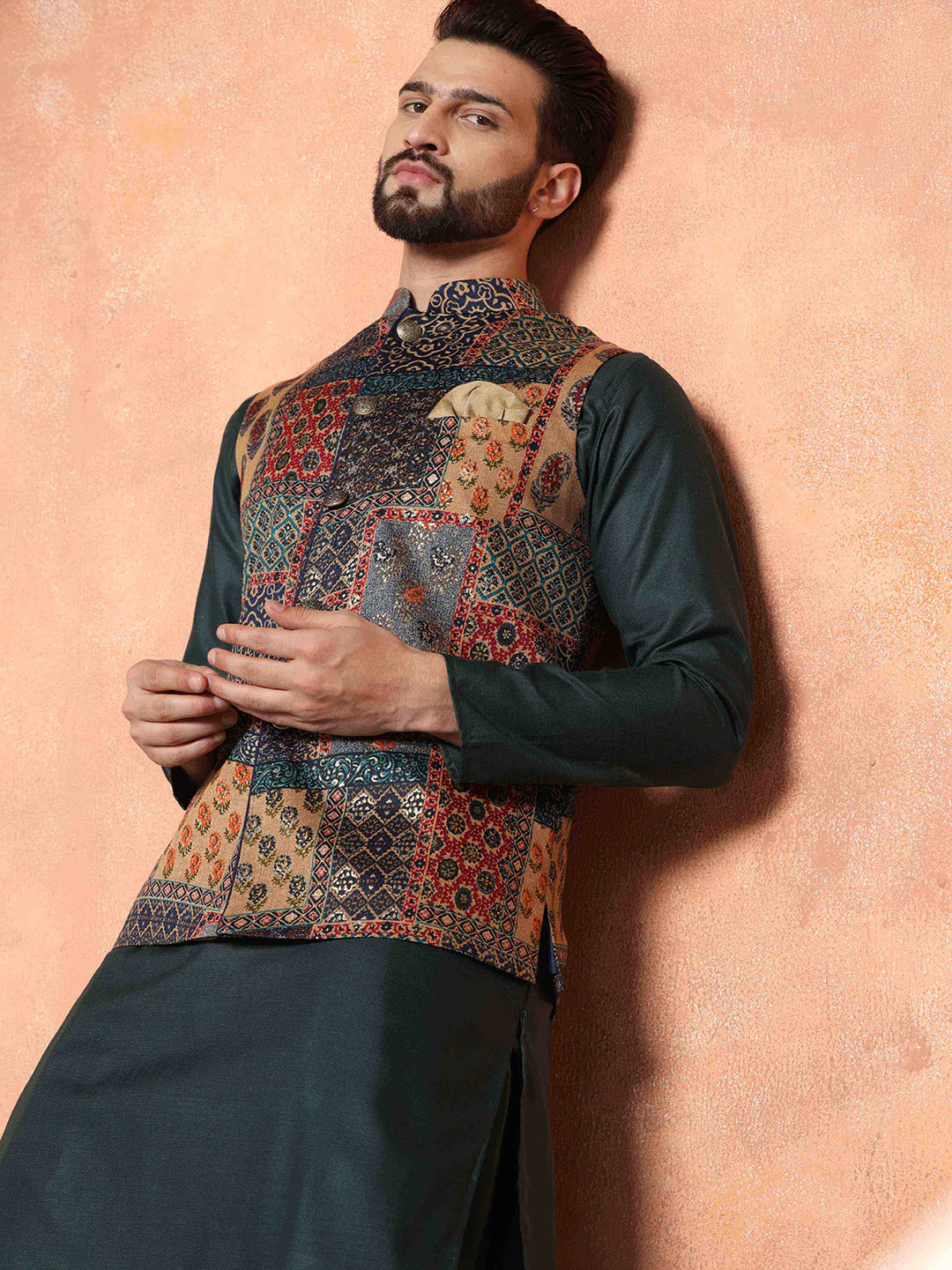 Dark Green Cotton Silk Multi-Printed Nehru Jacket Kurta Dhoti