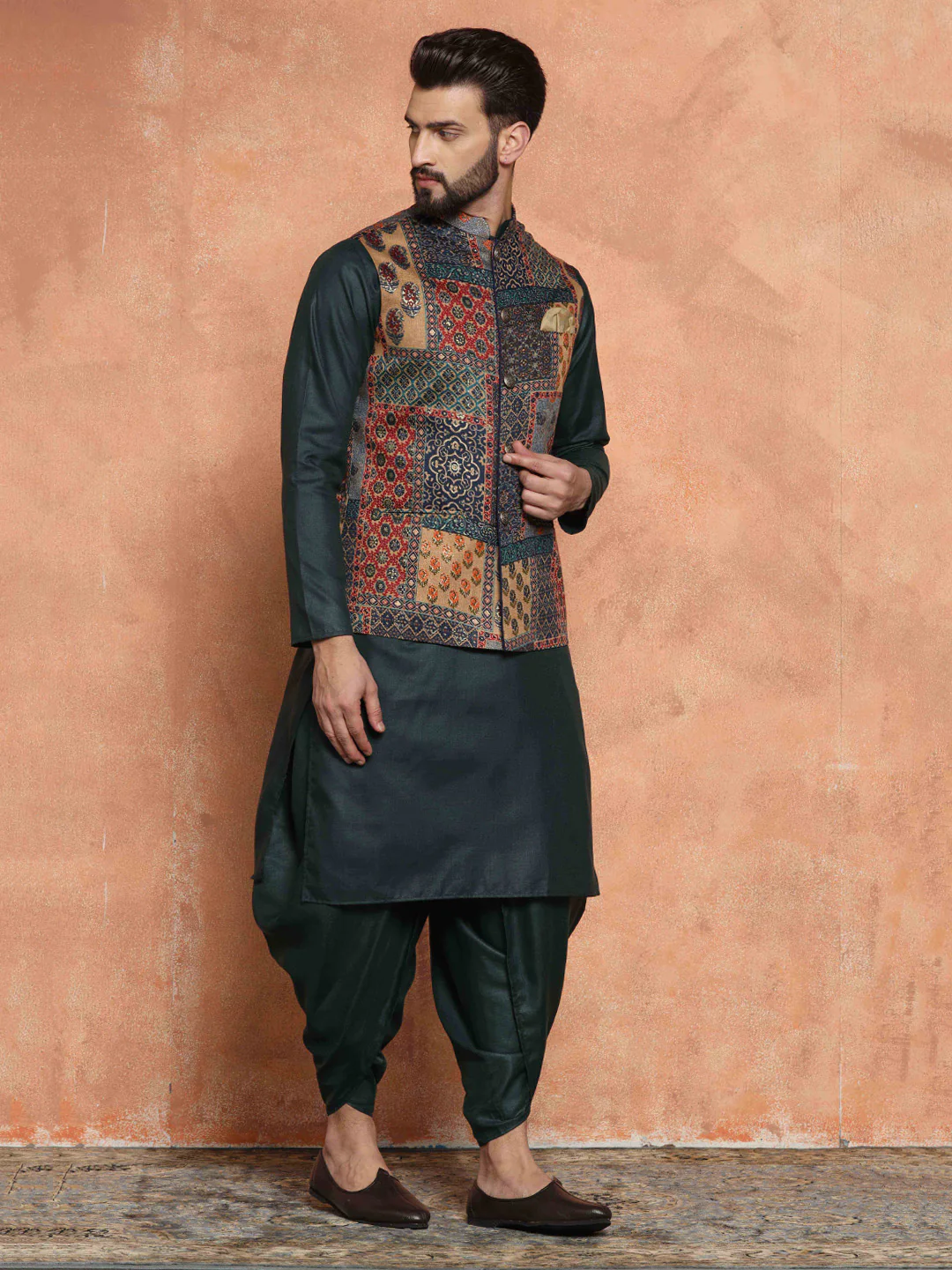 Dark Green Cotton Silk Multi-Printed Nehru Jacket Kurta Dhoti - Image 2
