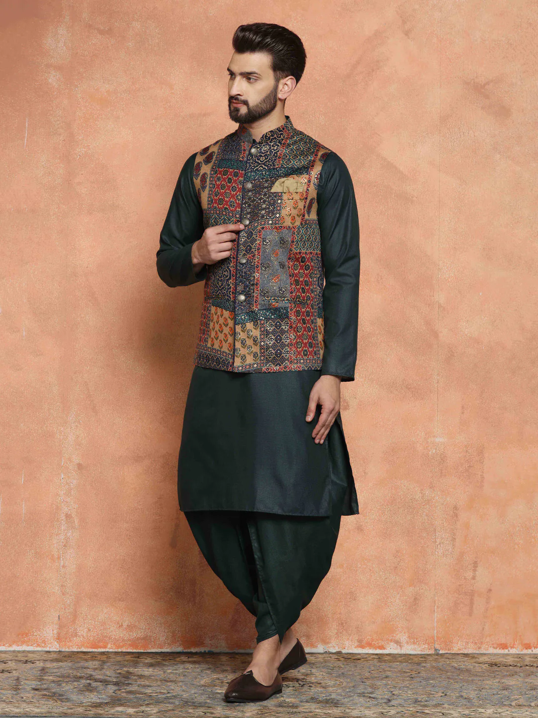 Dark Green Cotton Silk Multi-Printed Nehru Jacket Kurta Dhoti - Image 3
