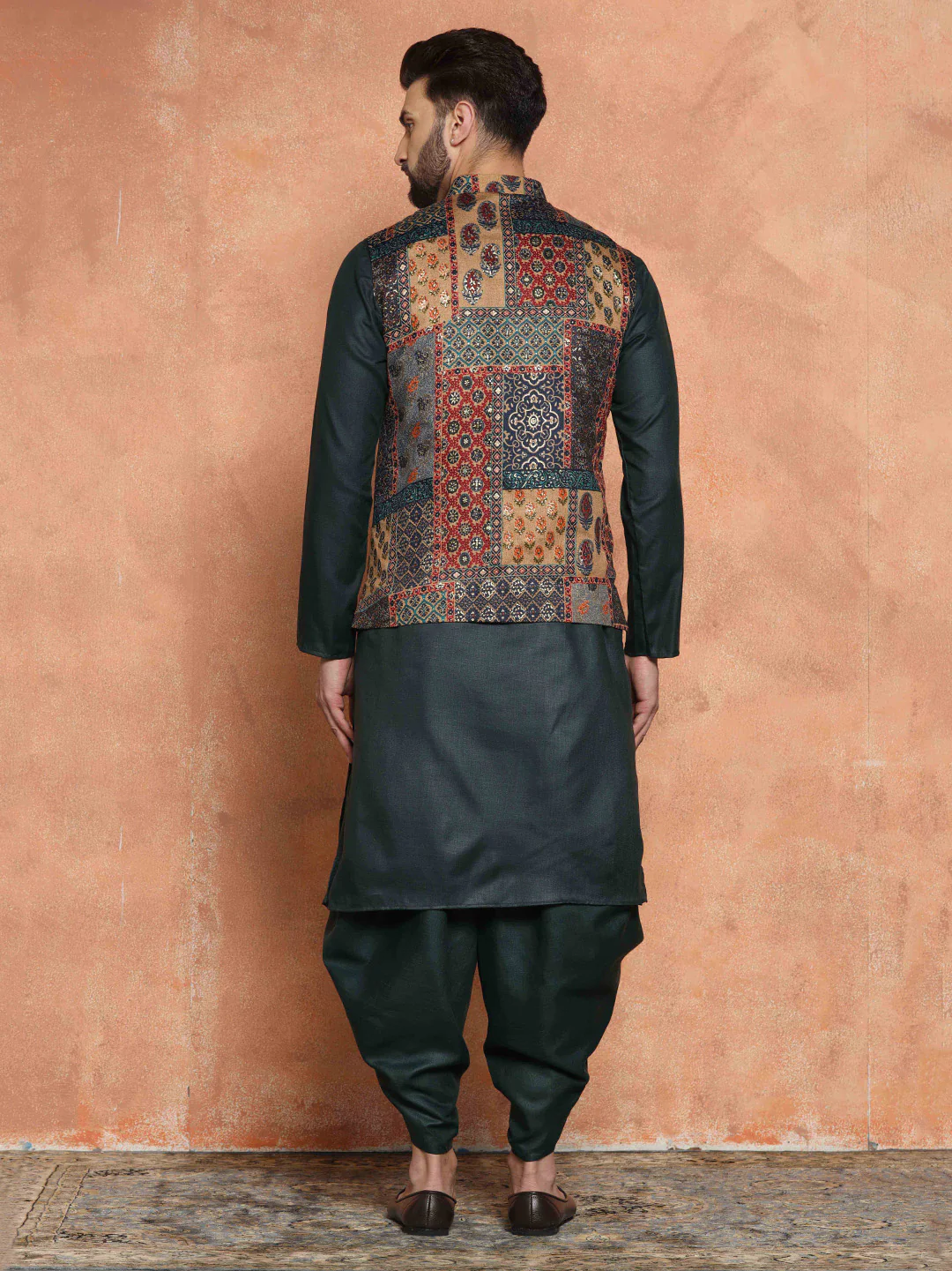 Dark Green Cotton Silk Multi-Printed Nehru Jacket Kurta Dhoti - Image 4