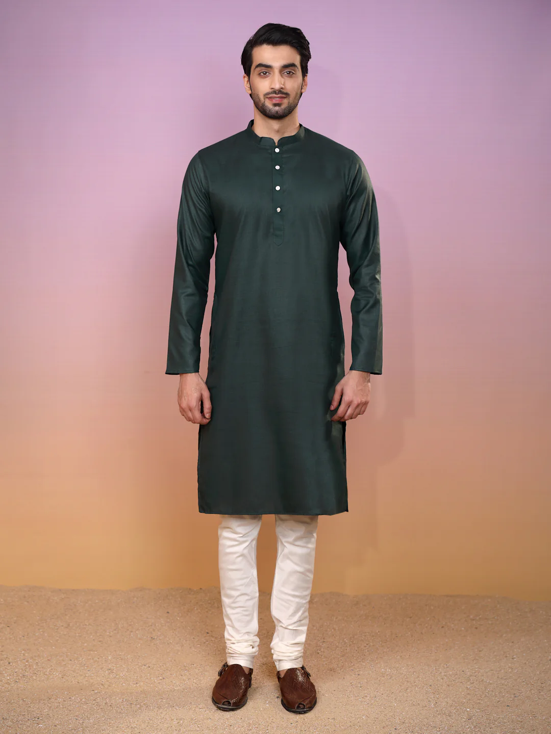 Green Jacquard Silk Blend Nehru Jacket Kurta Churidar Set - Image 5