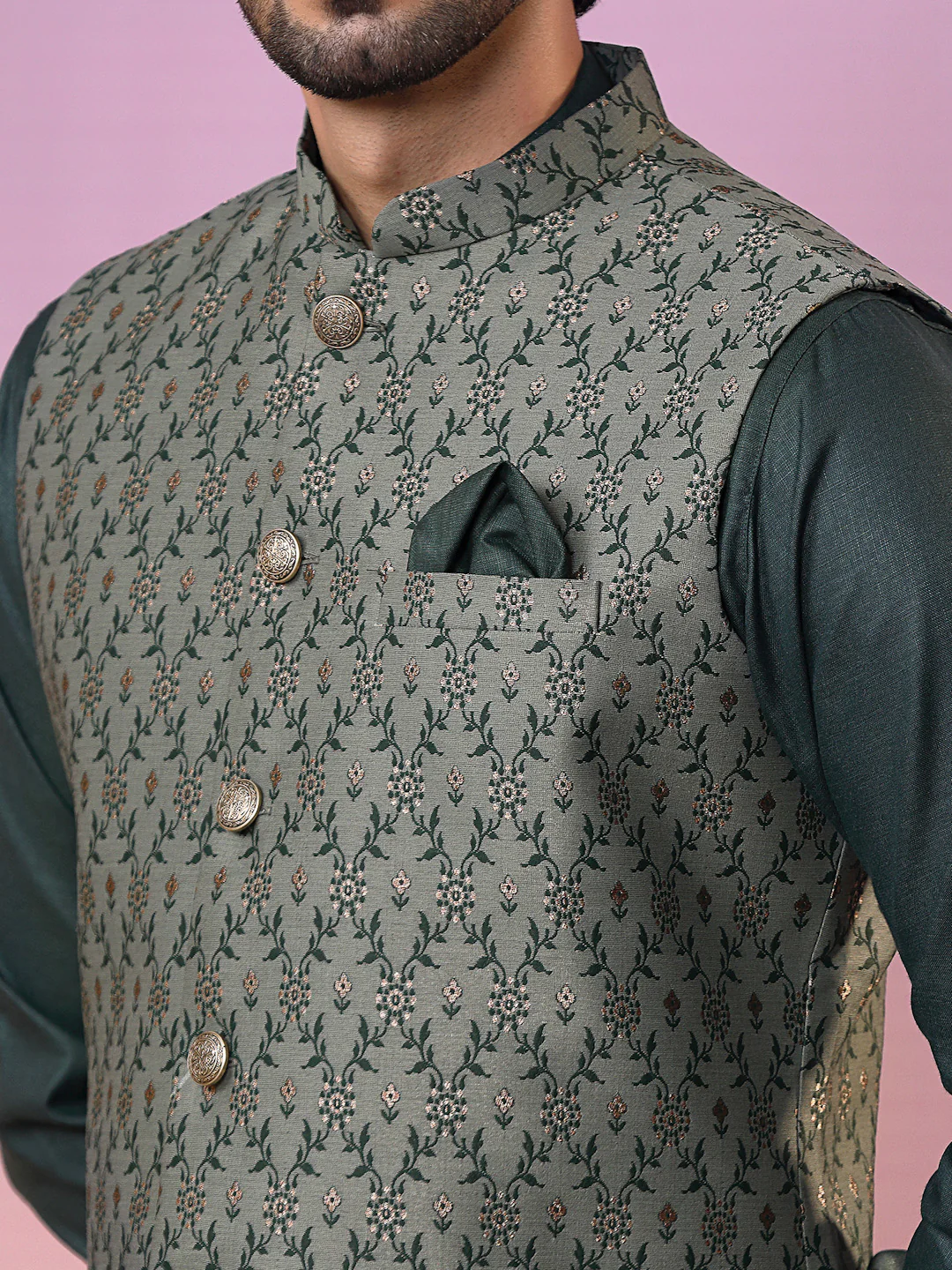 Green Jacquard Silk Blend Nehru Jacket Kurta Churidar Set - Image 6
