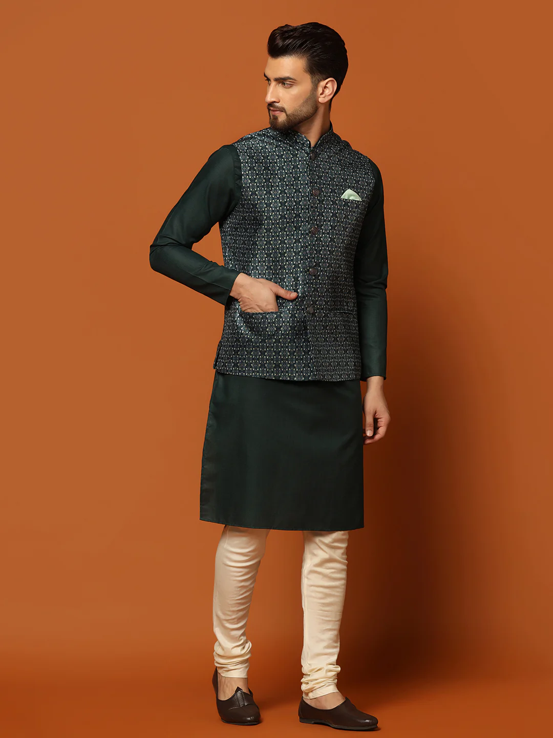 Men's Teal Kurta Jacket Churidar Set - Image 2