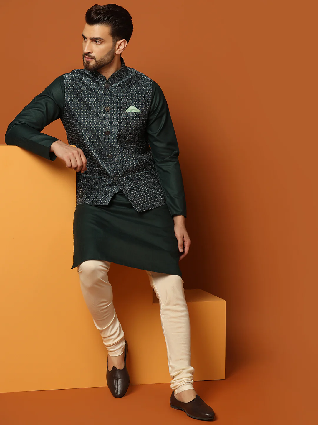 Men's Teal Kurta Jacket Churidar Set - Image 8