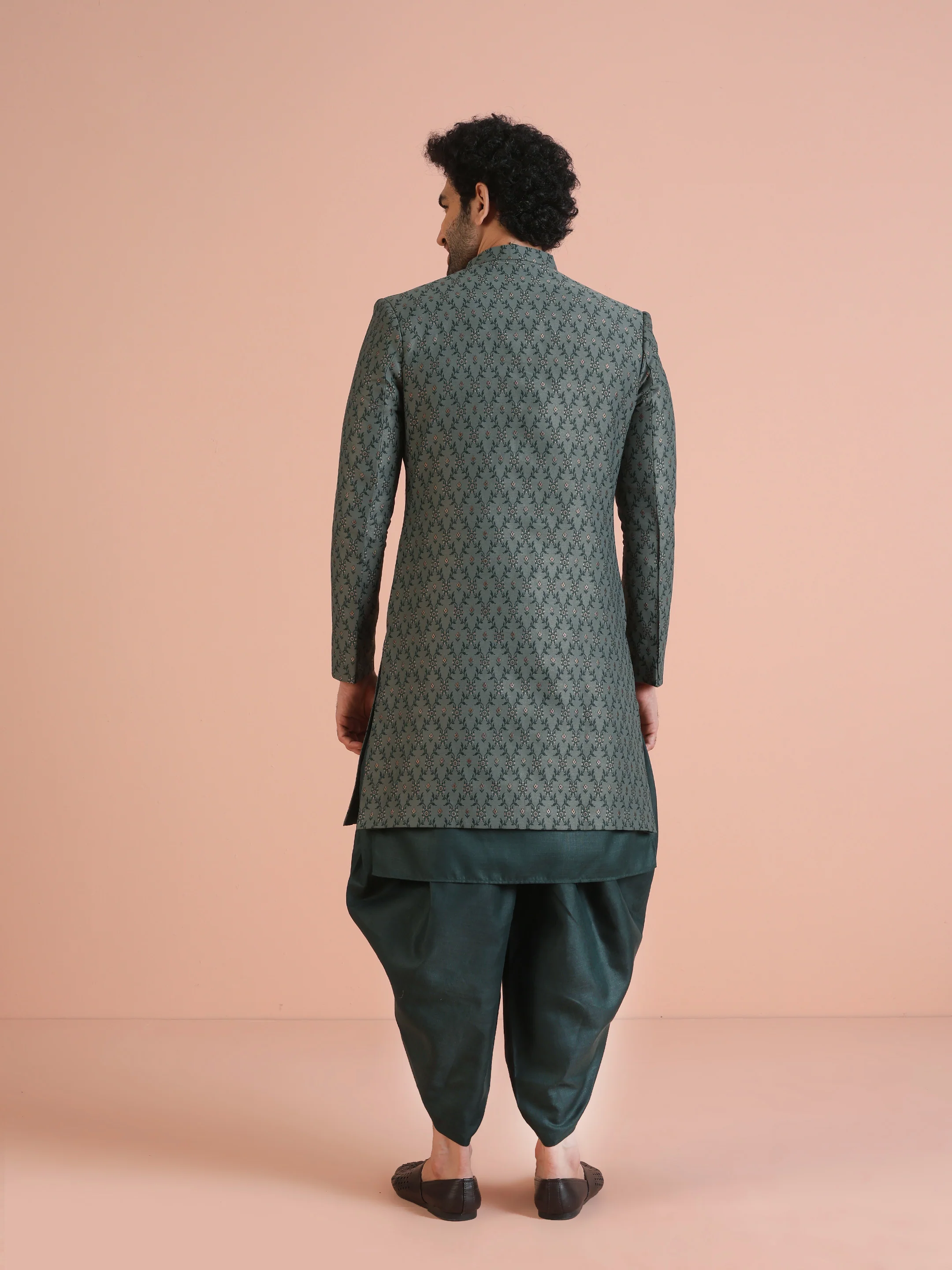 Bottle Green Cotton Silk Textured Indowestern Sherwani Kurta Dhoti - Image 4