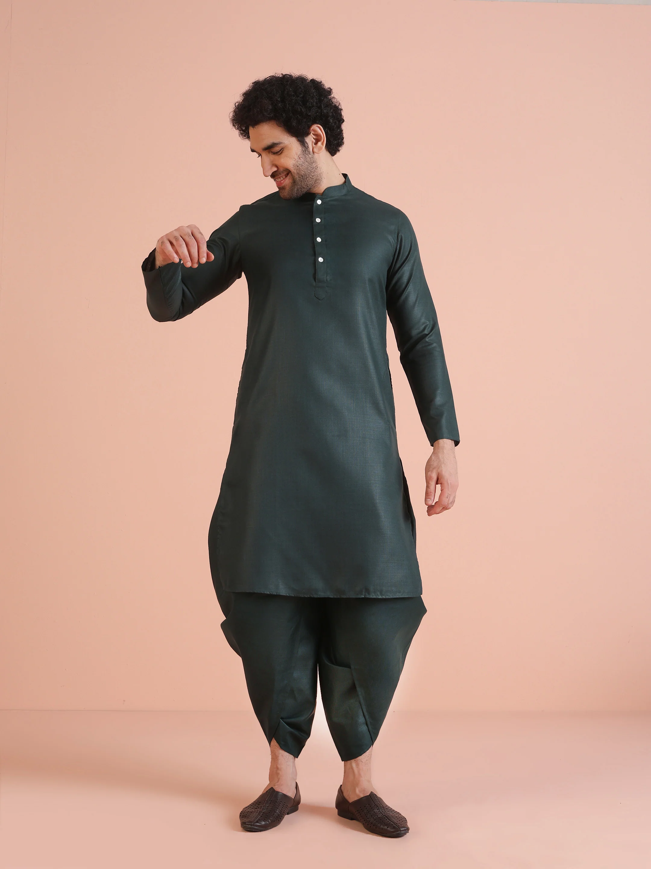 Bottle Green Cotton Silk Textured Indowestern Sherwani Kurta Dhoti - Image 7