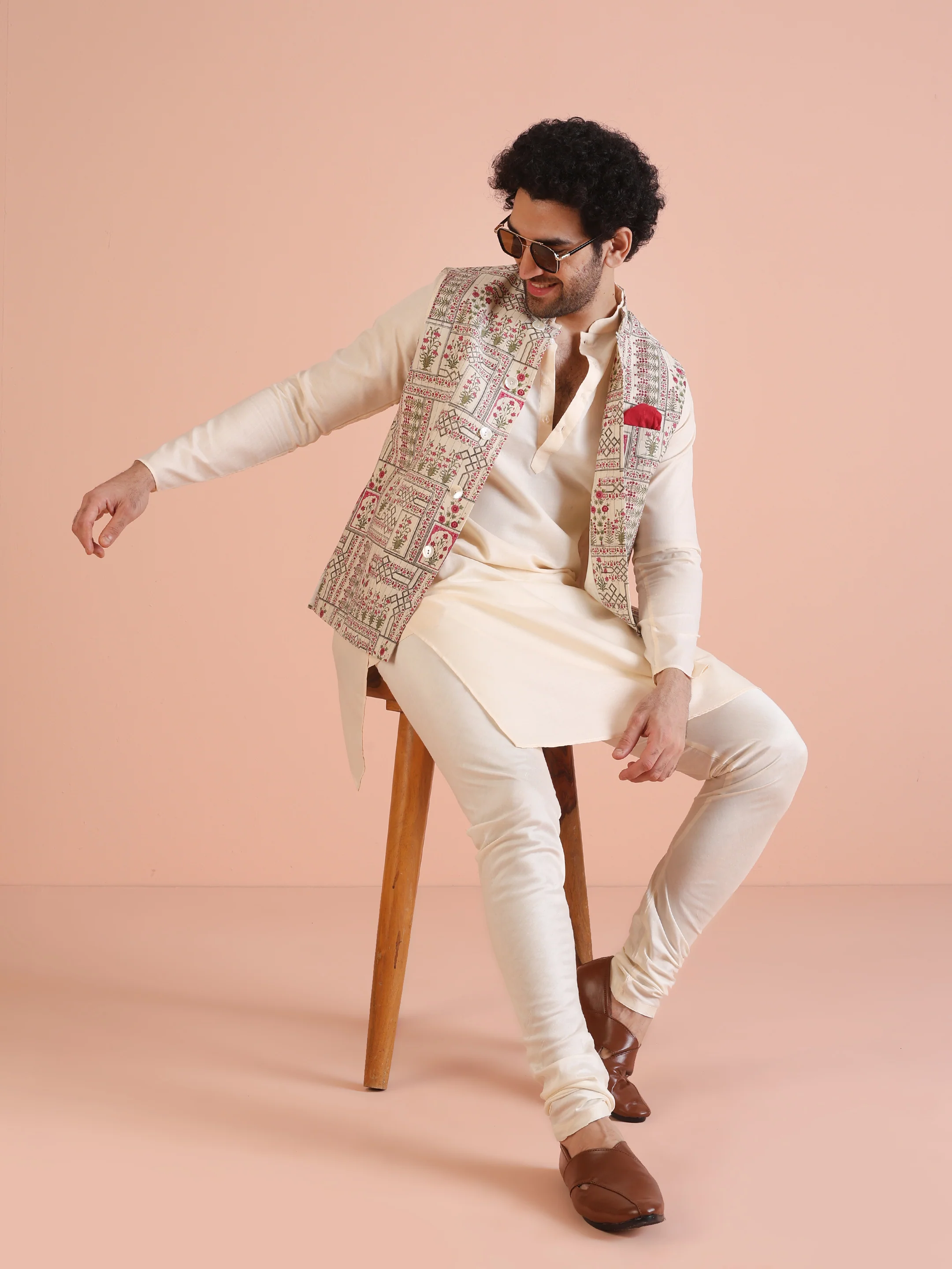 White Printed Jacket Pink Kurta Churidar Set