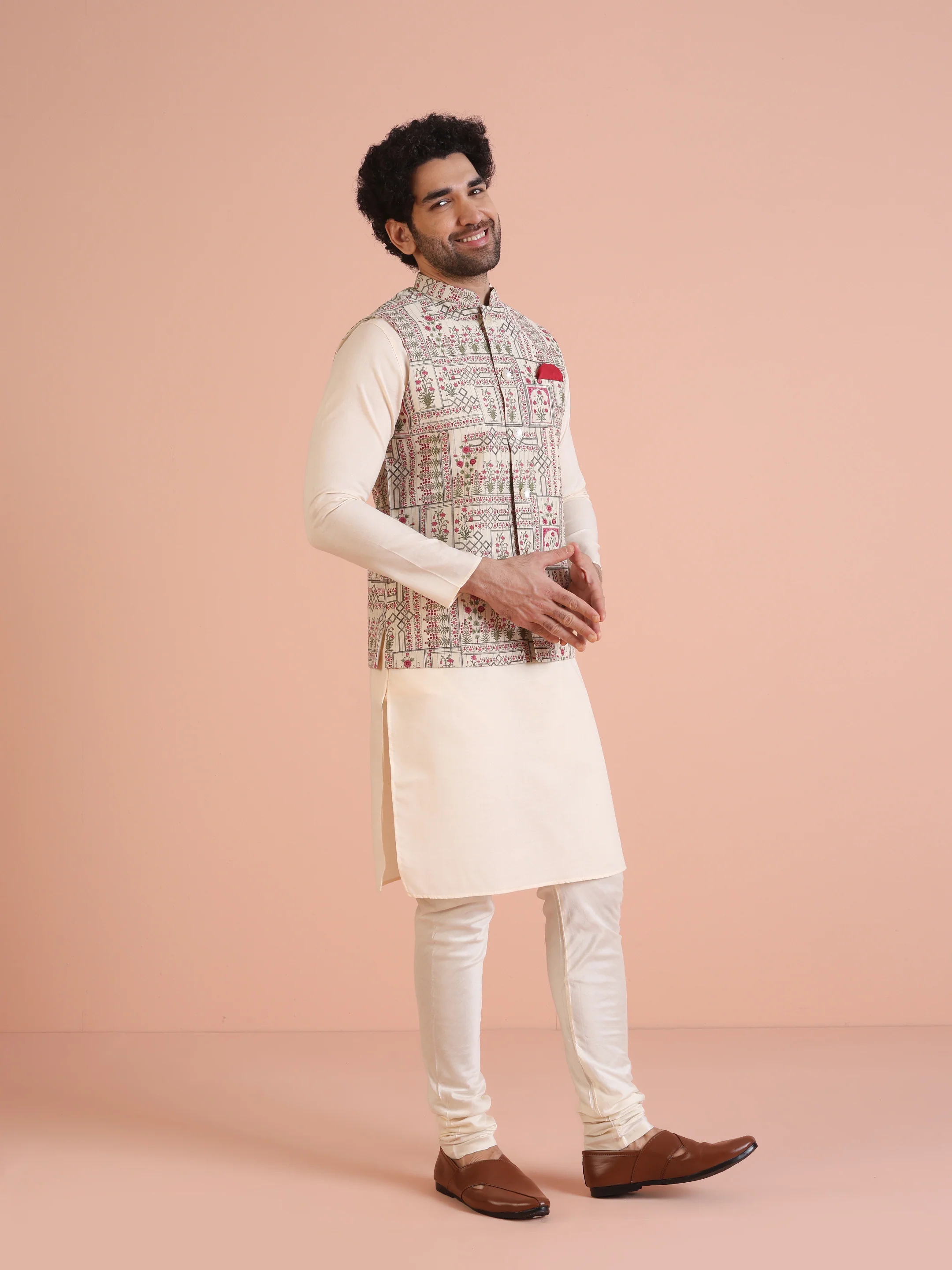 White Printed Jacket Pink Kurta Churidar Set - Image 2
