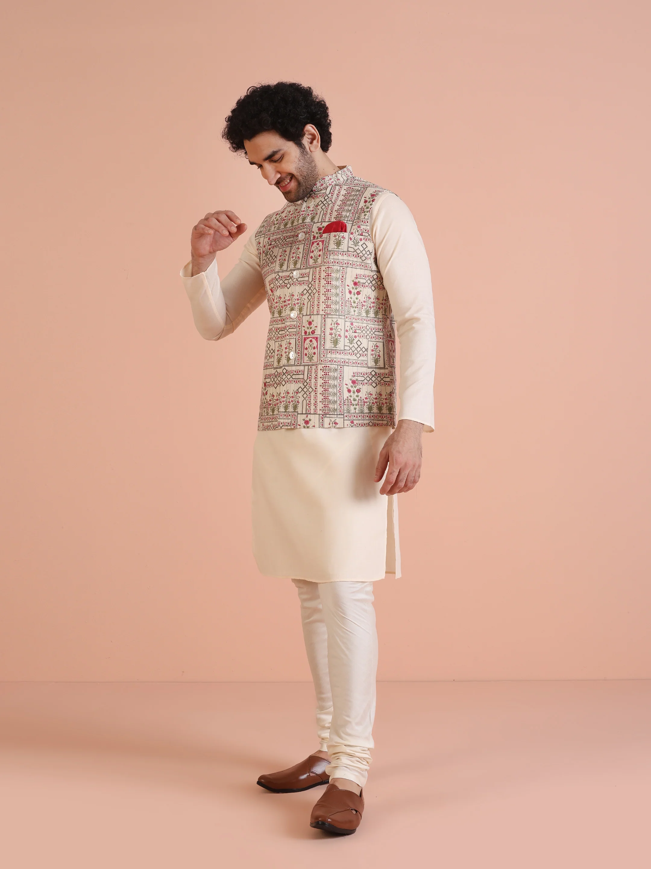 White Printed Jacket Pink Kurta Churidar Set - Image 3