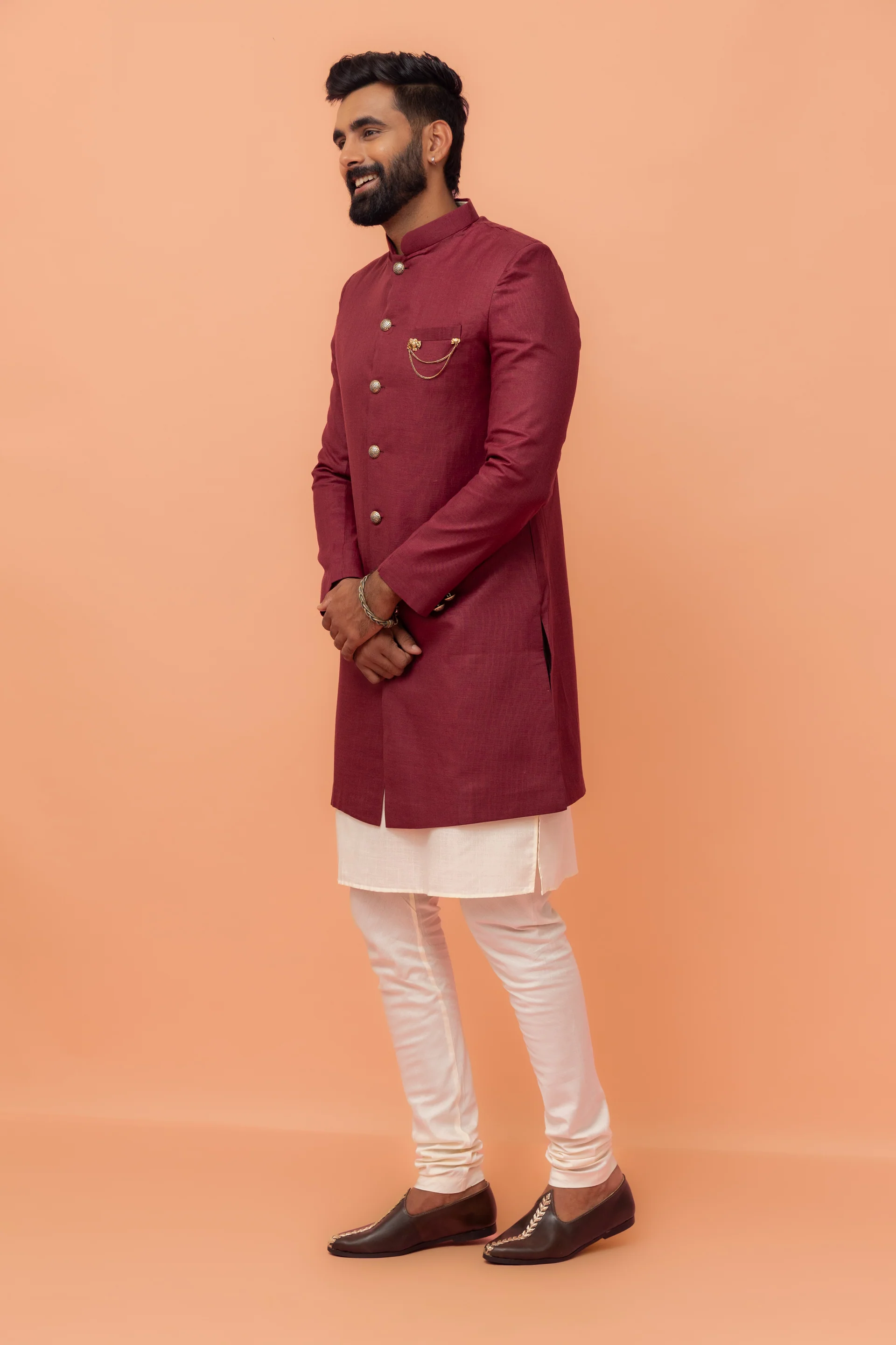 Wine Cotton Silk Sherwani Kurta Churidar Set - Image 2