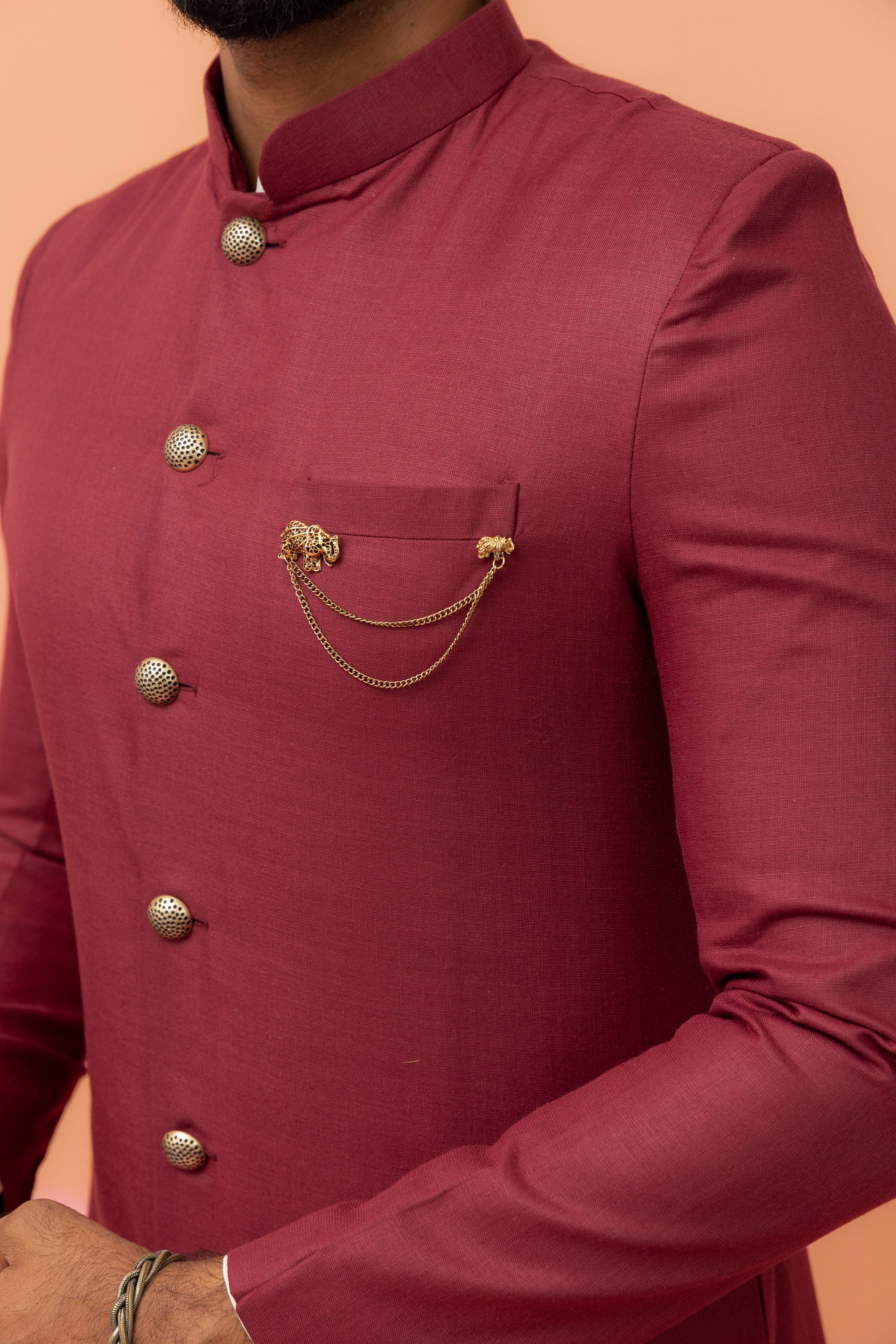 Wine Cotton Silk Sherwani Kurta Churidar Set - Image 5