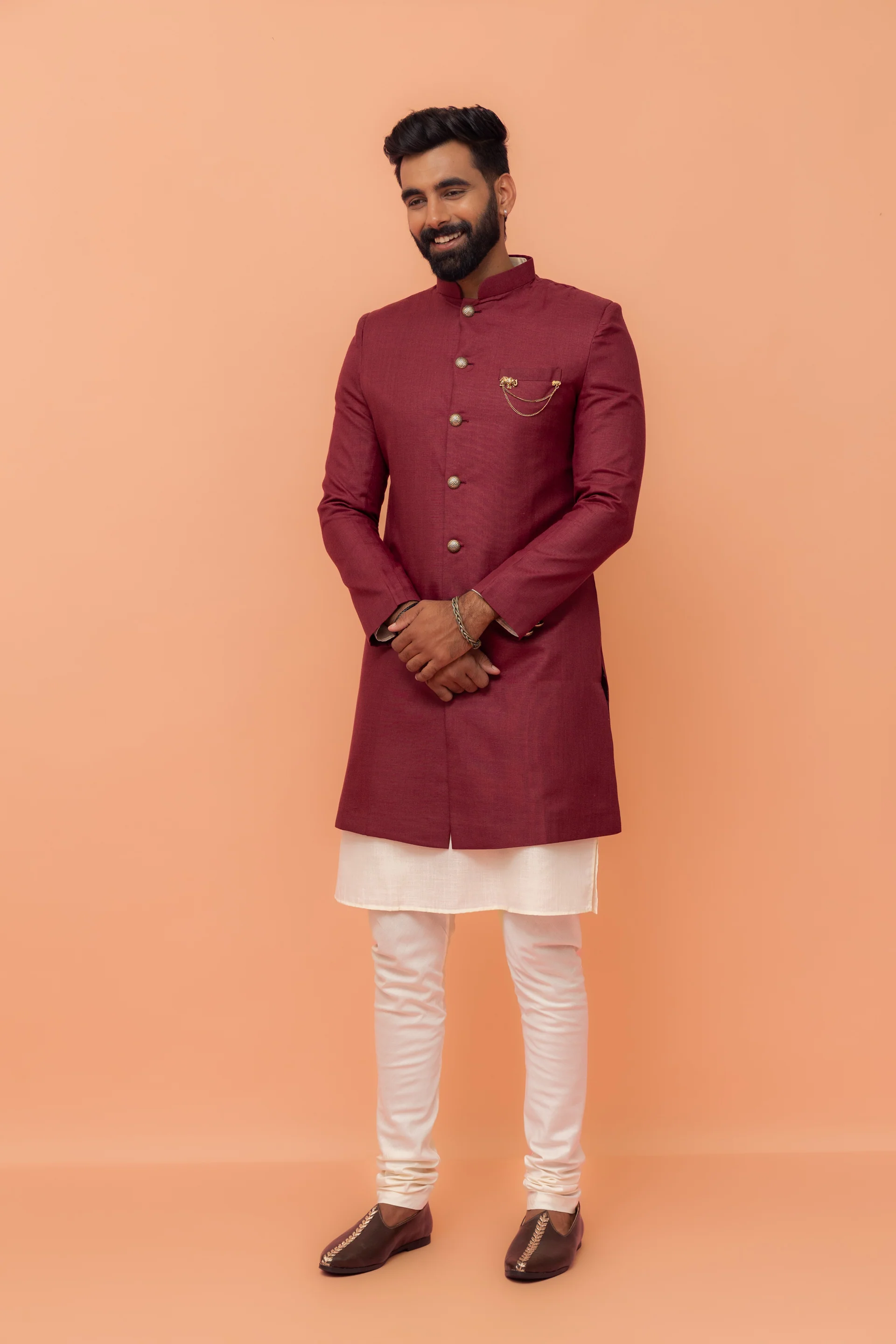 Wine Cotton Silk Sherwani Kurta Churidar Set - Image 8