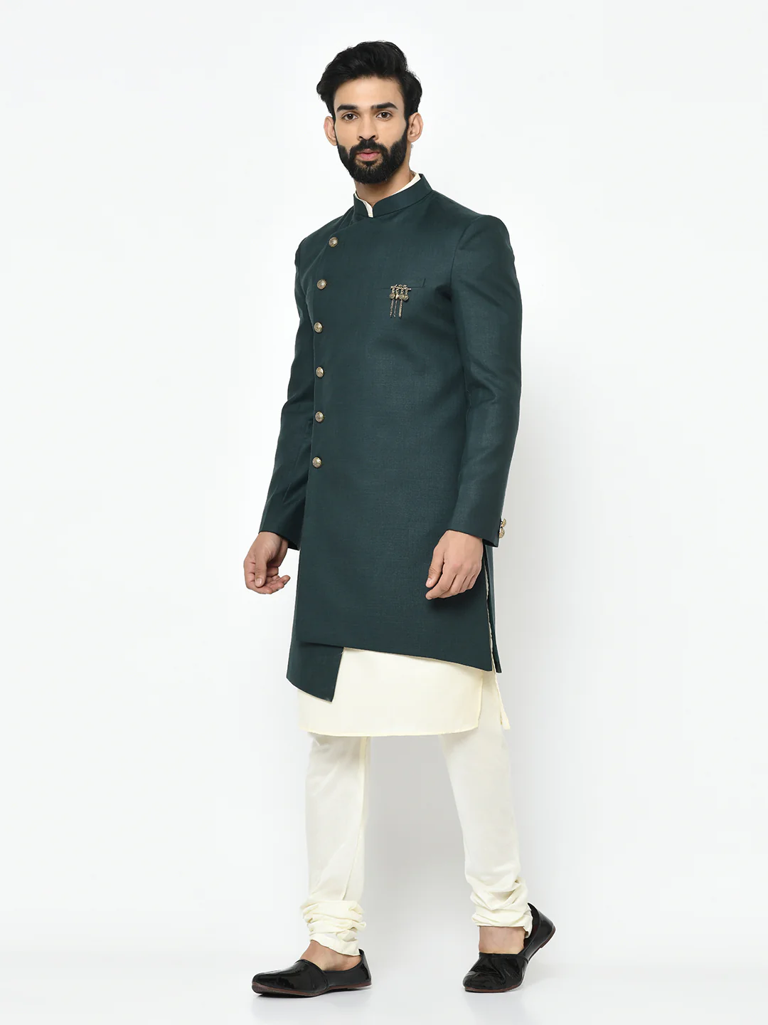 Green Silk Blend Solid Sherwani Achkan Churidar - Image 2