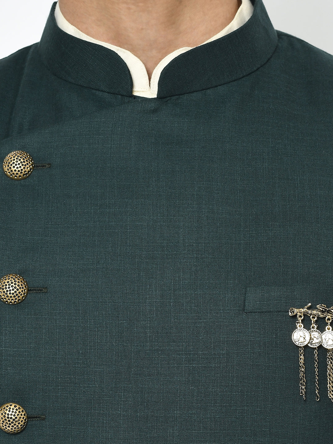 Green Silk Blend Solid Sherwani Achkan Churidar - Image 5
