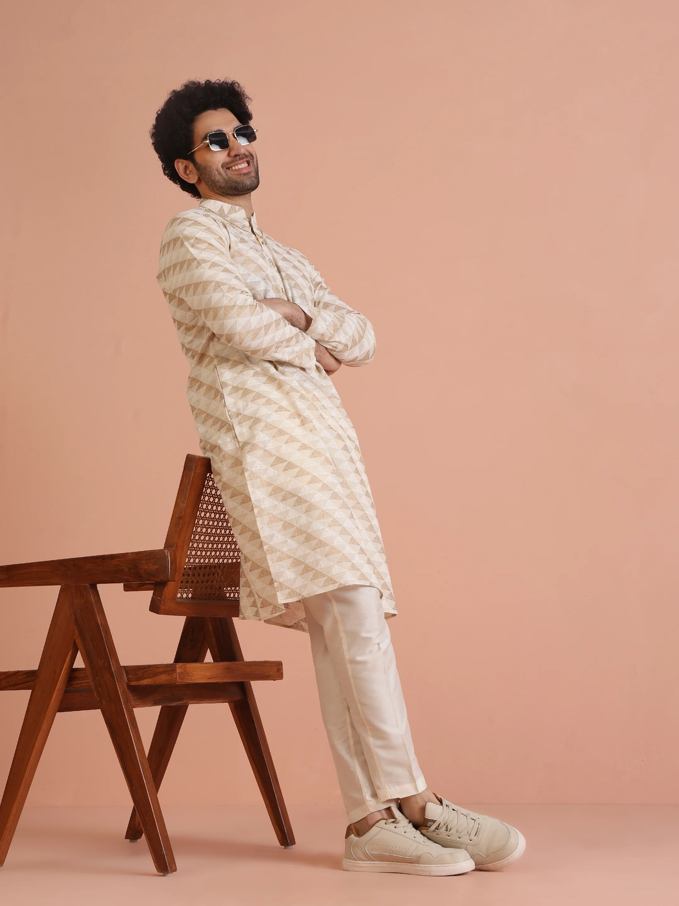 Beige Cotton Silk Geometric Kurta Long - Image 6