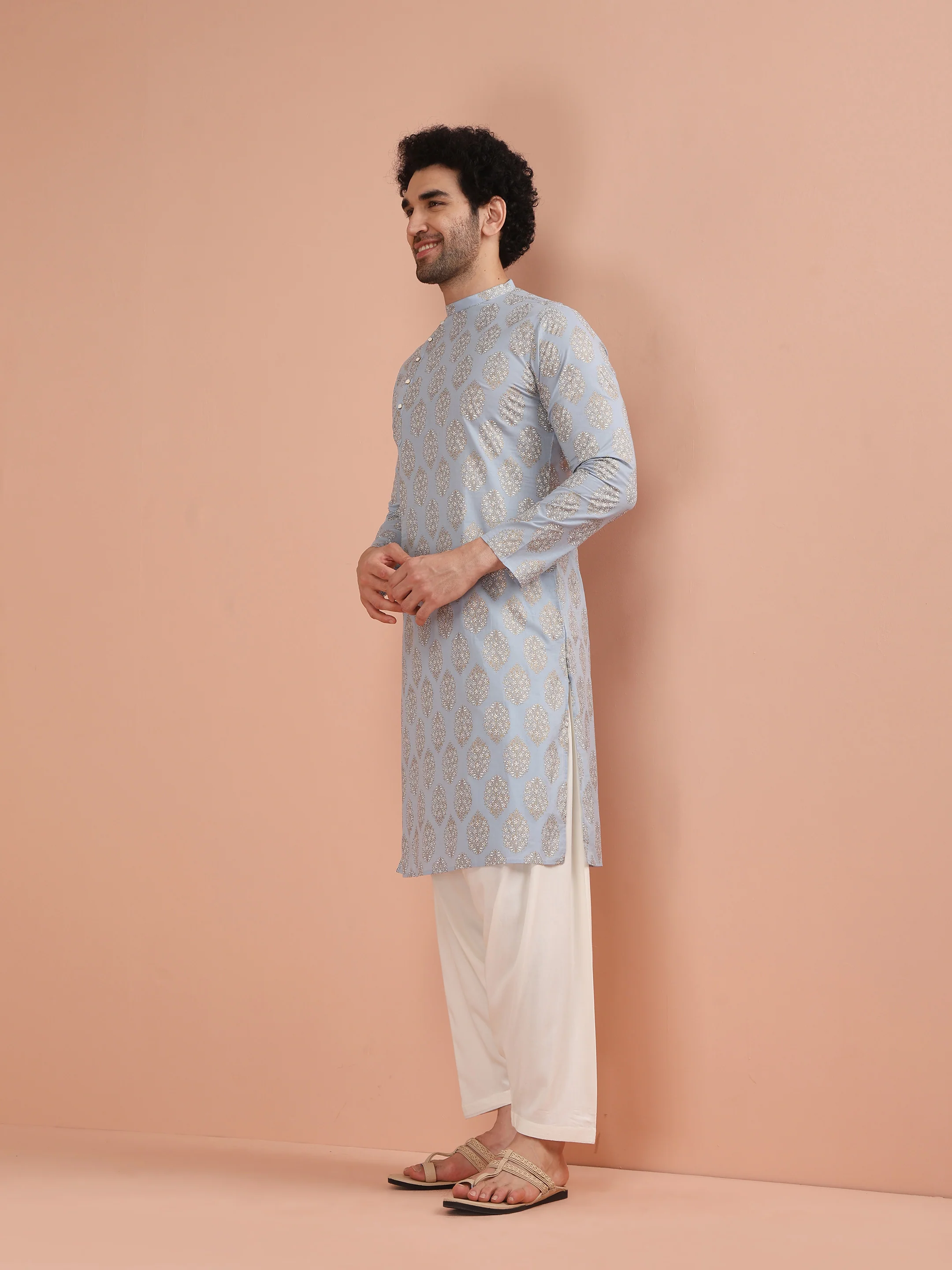 Light Blue Silk Blend Printed Kurta - Image 3