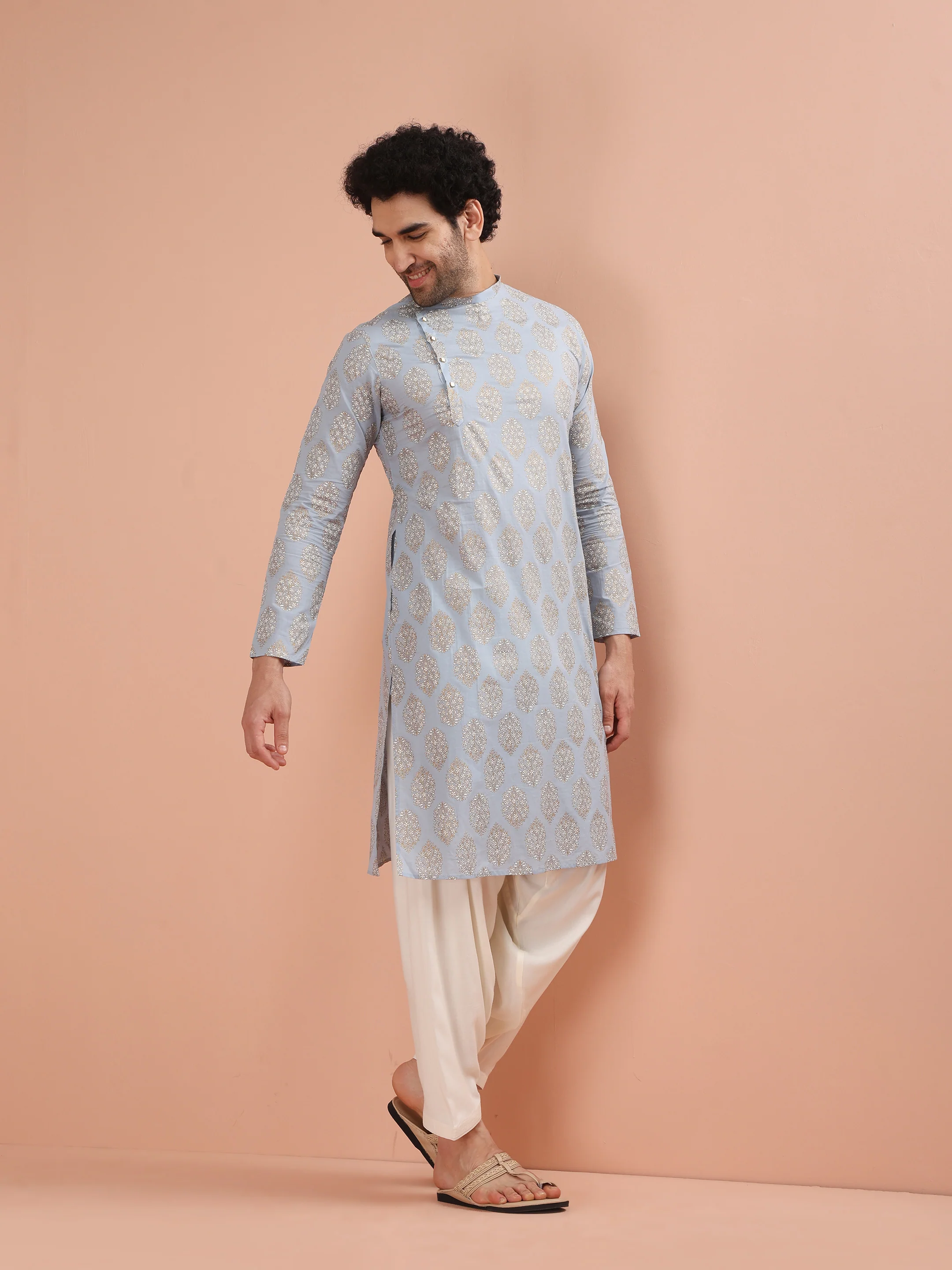 Light Blue Silk Blend Printed Kurta - Image 4