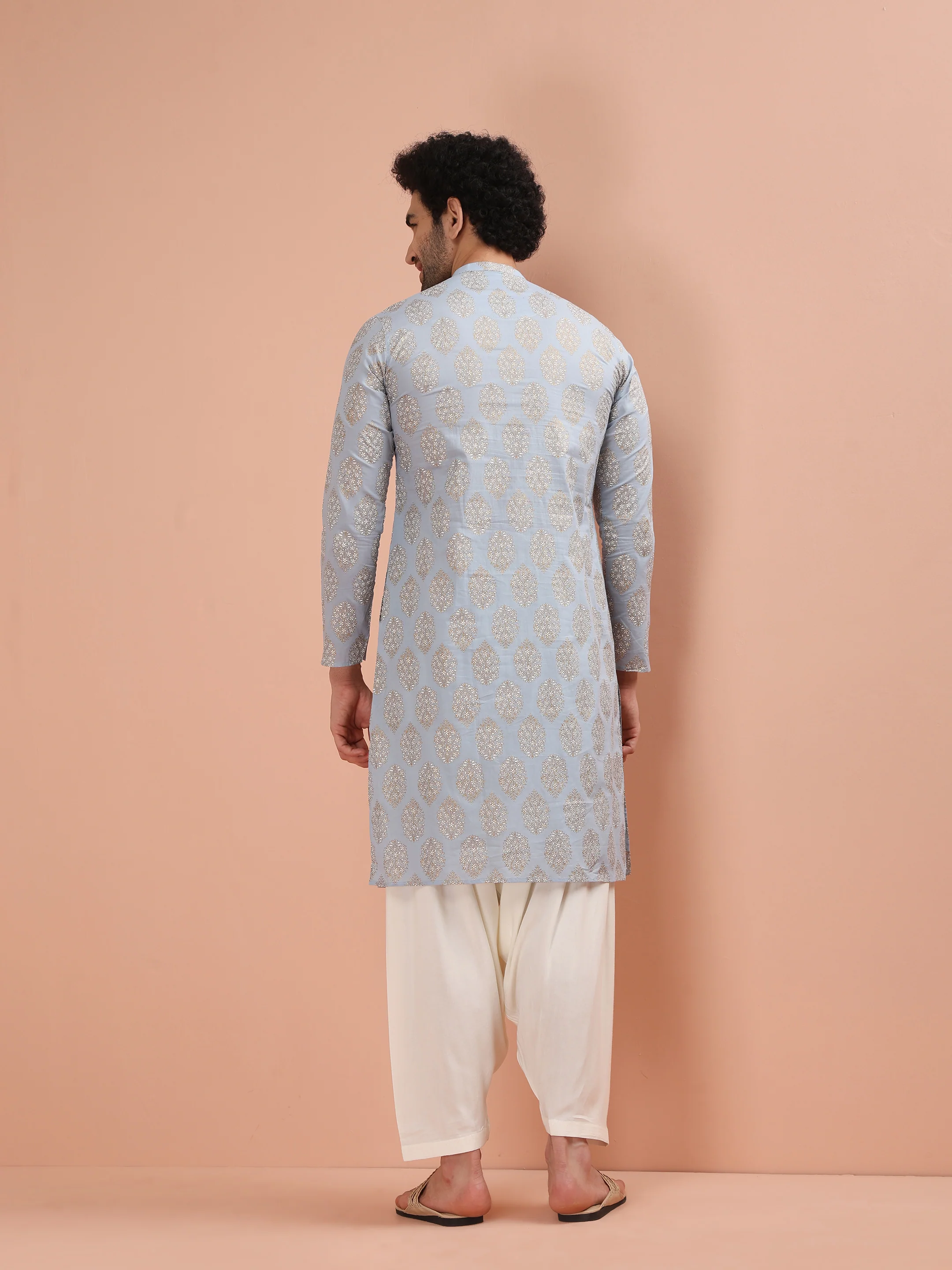 Light Blue Silk Blend Printed Kurta - Image 5