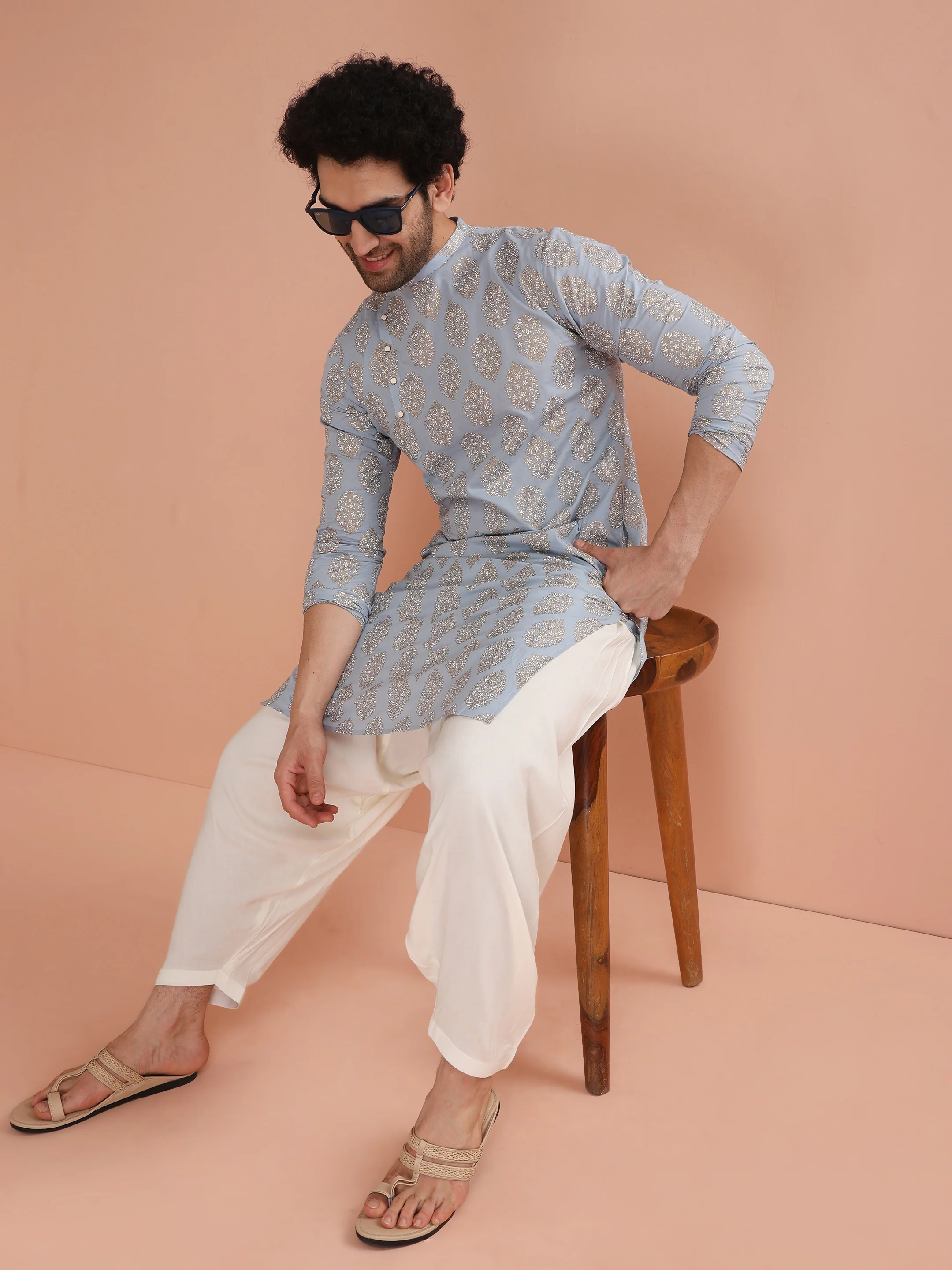Light Blue Silk Blend Printed Kurta - Image 7