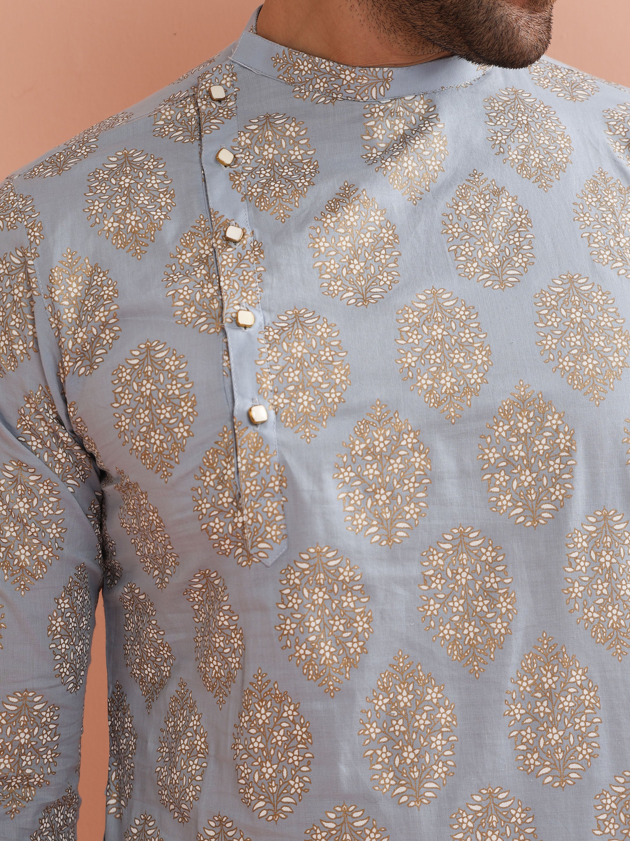 Sky Blue Printed Kurta Cream Patiala Set - Image 5