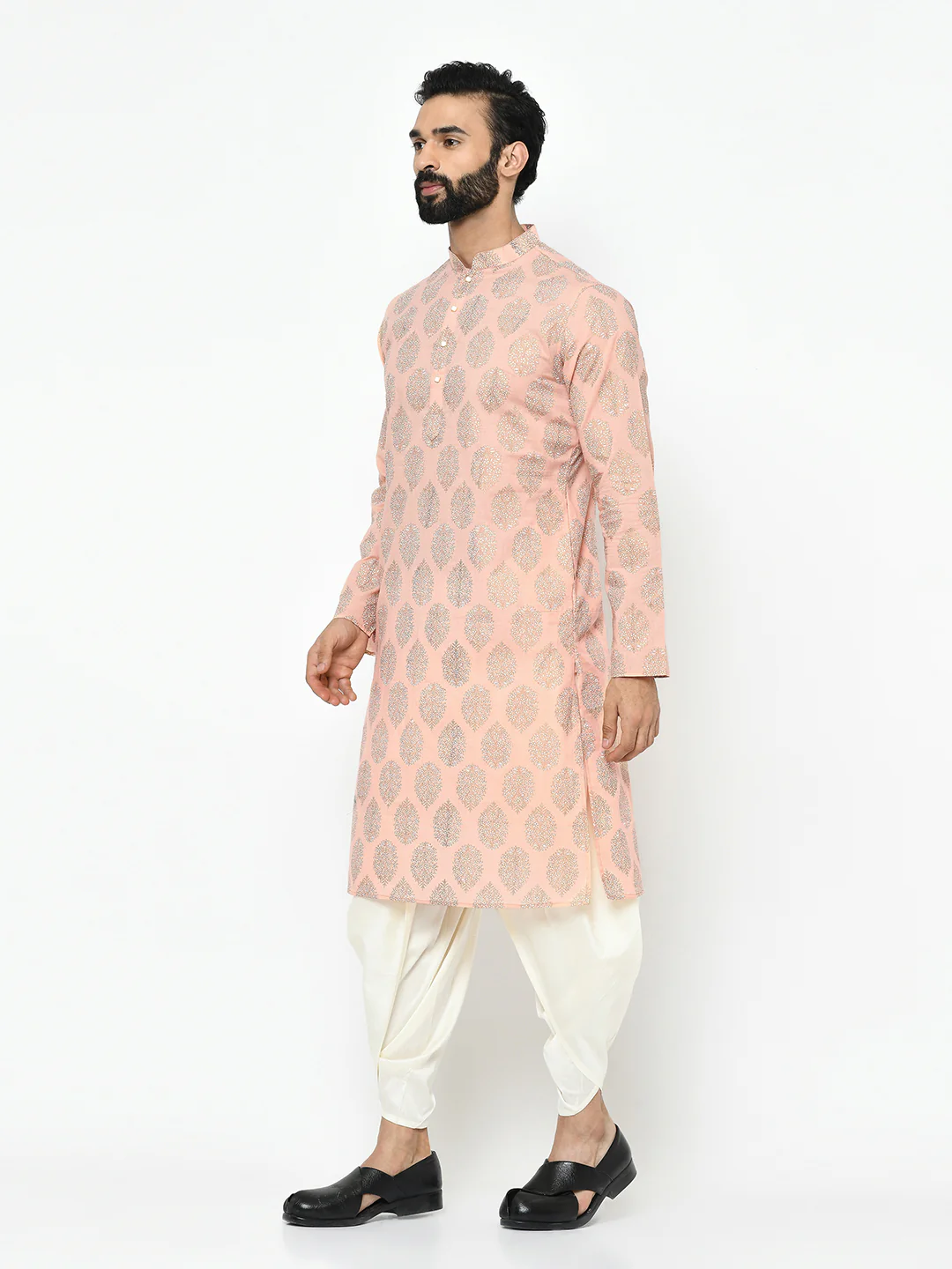 Peach Silk Blend Printed Kurta Dhoti - Image 3