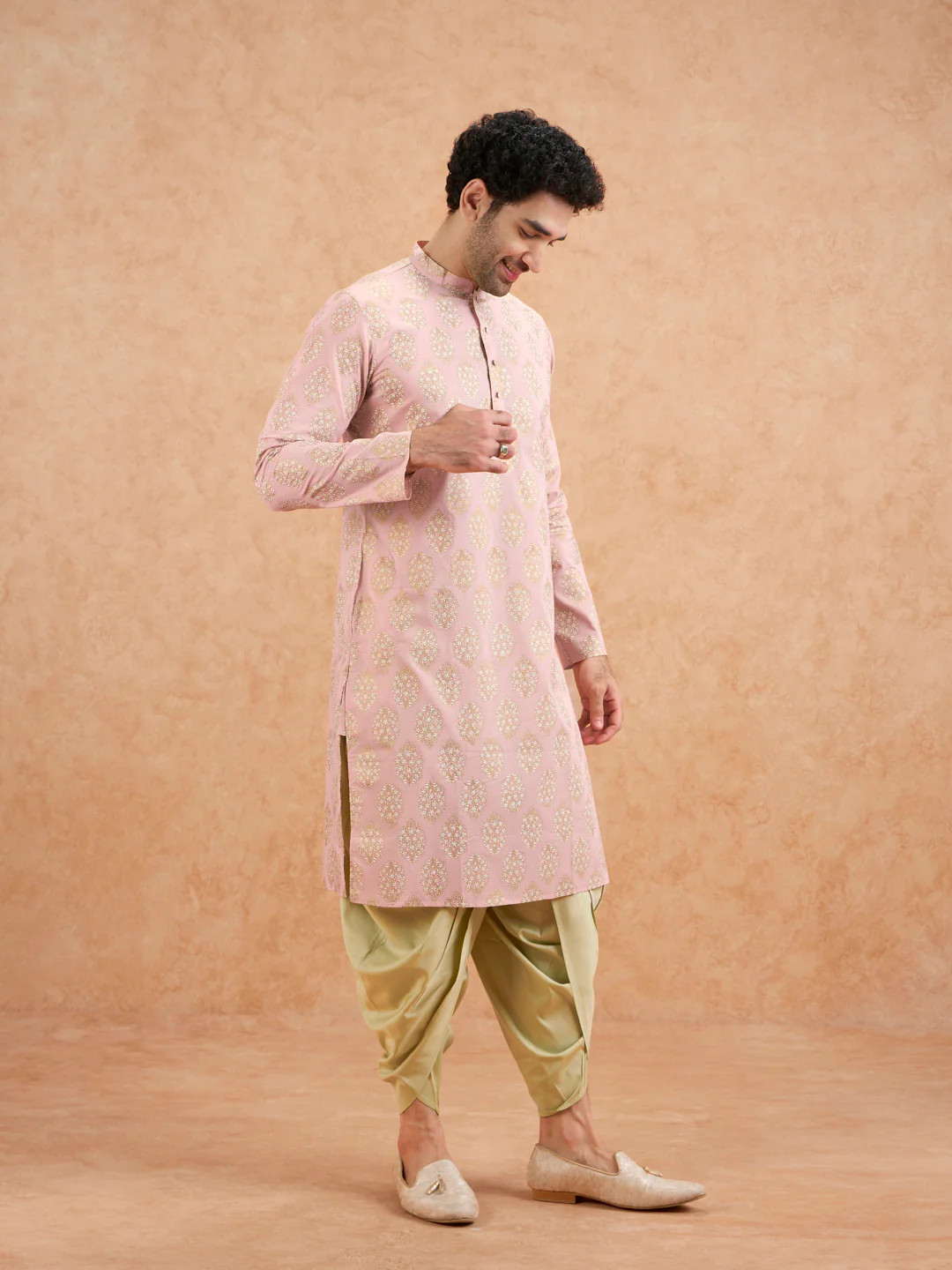 Pink Silk Blend Embroidered Kurta Mint Dhoti - Image 2